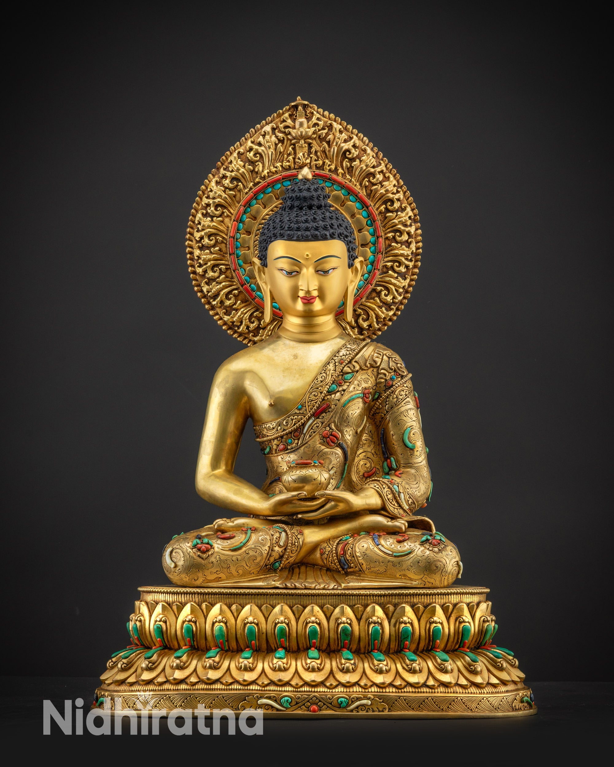 Front view Masterpiece Amida Buddha Statue, gold-gilded face with semi-precious stones