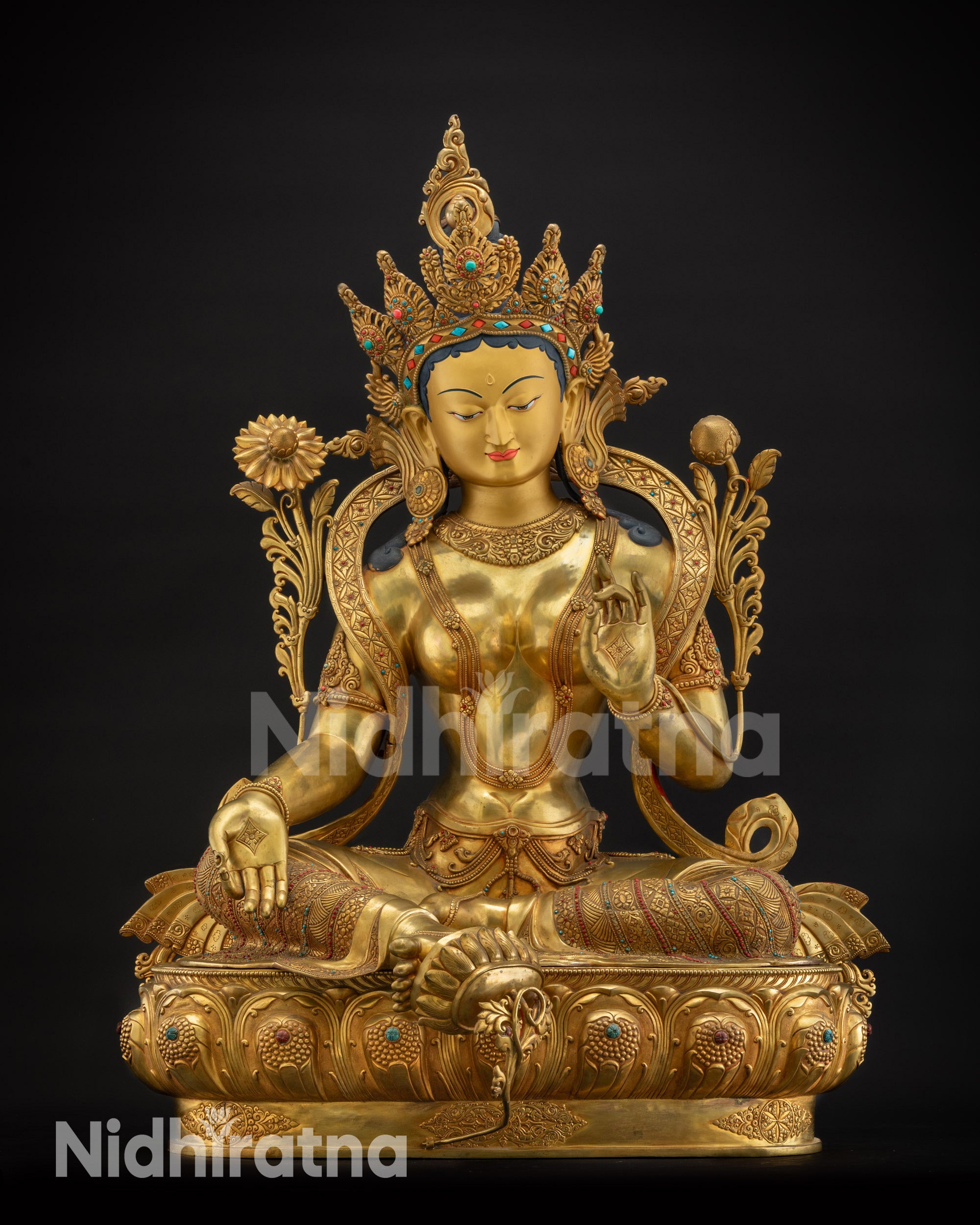 Front view Masterpiece Green Tara Statue with gold-gilded face and fire-gilded body