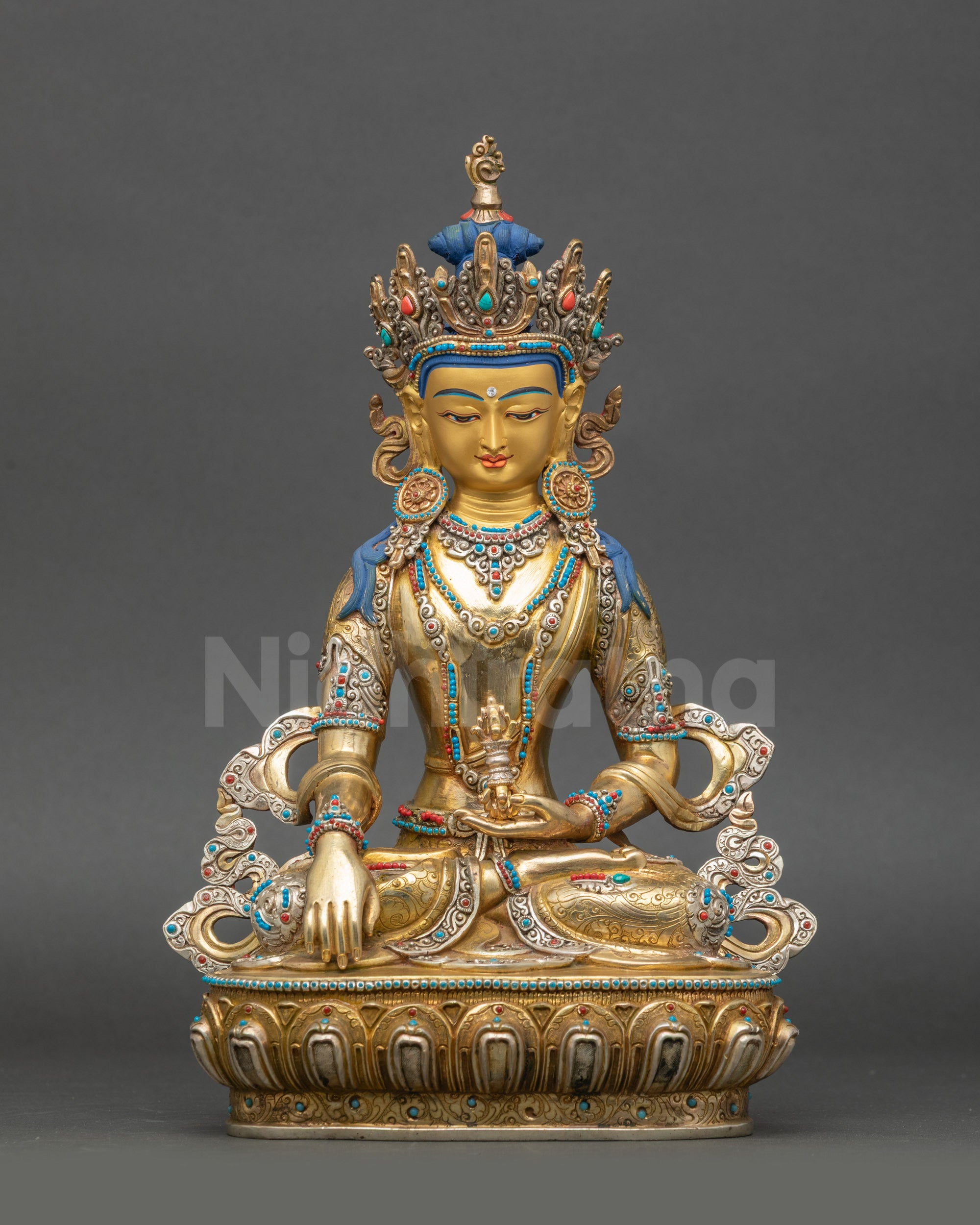 Front view Mitrugpa Buddha Statue with gold fire-gilded copper and silver-plated crown Nepal