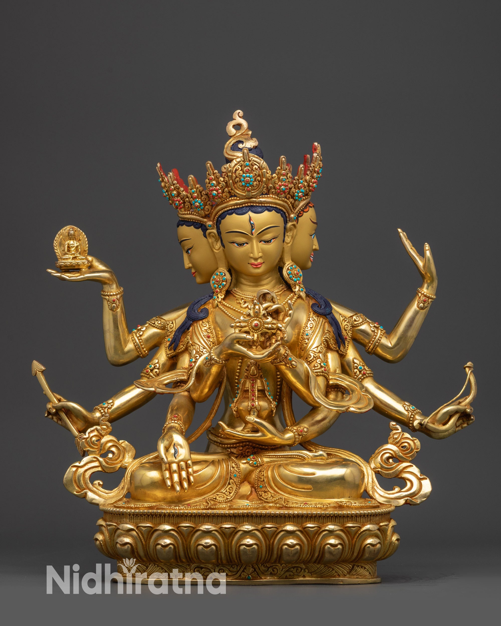 Front view Namgyalma Statue gold-gilded Tibetan deity seated on lotus with intricate carvings