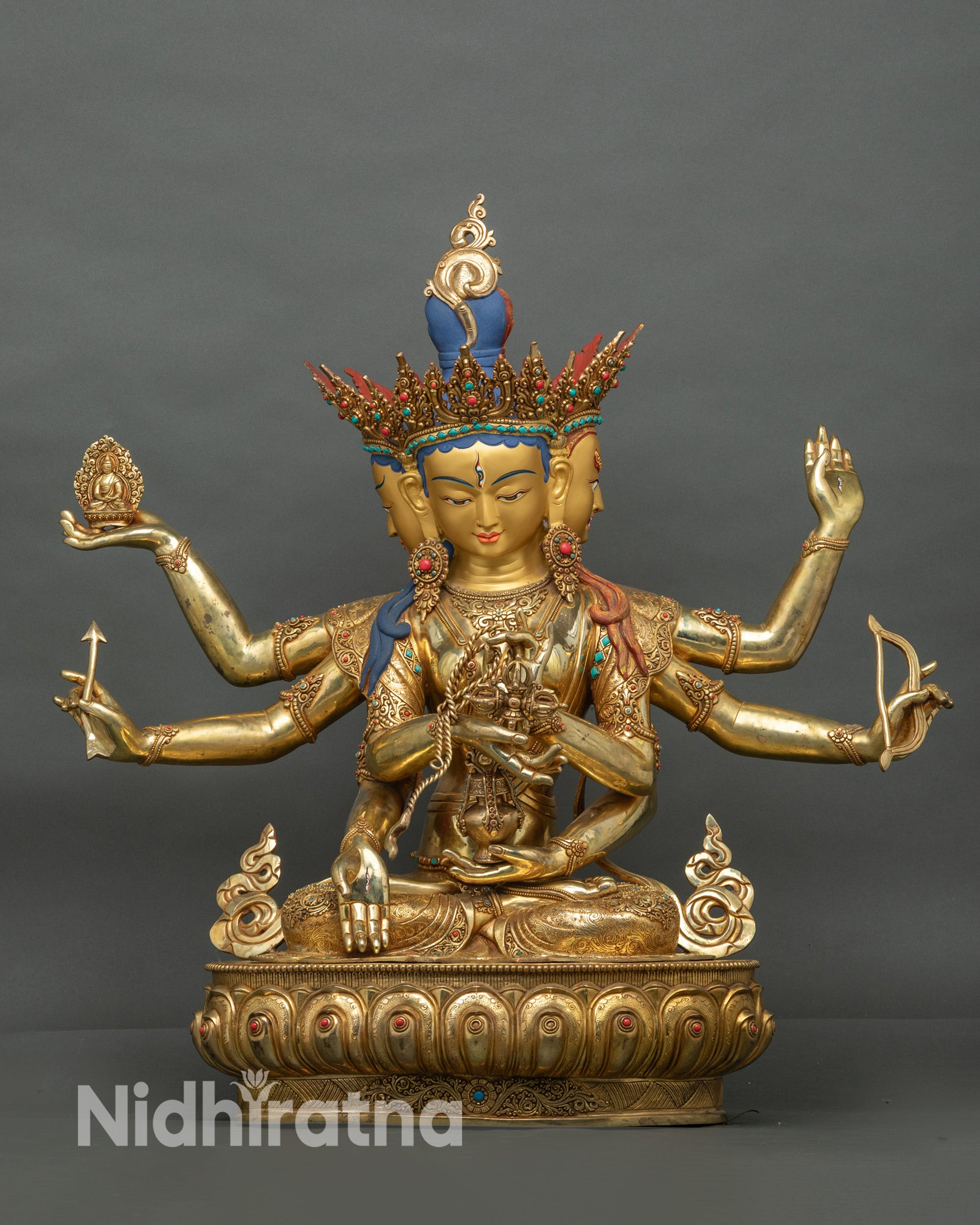 Front view Namgyalma gold fire-gilded copper Tibetan Buddhist deity statue