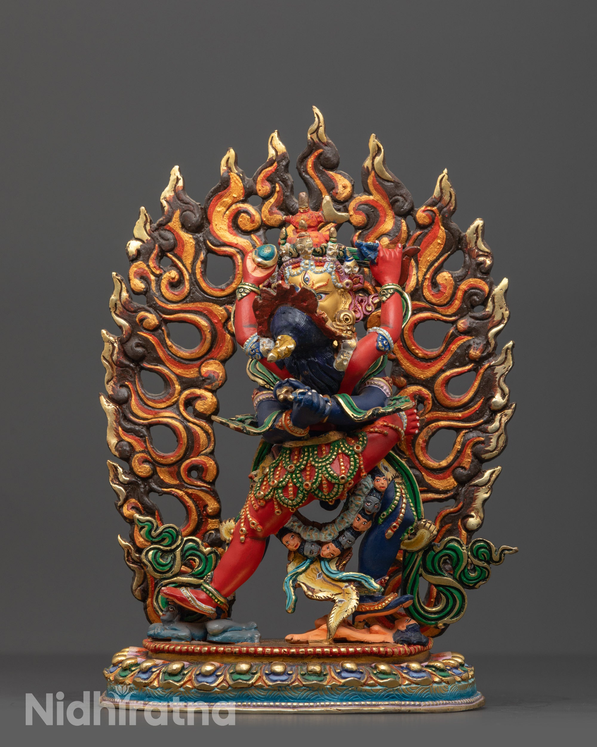 Front view Nepalese Chakrasamvara Consort Statue with gold-gilded face and vibrant copper base