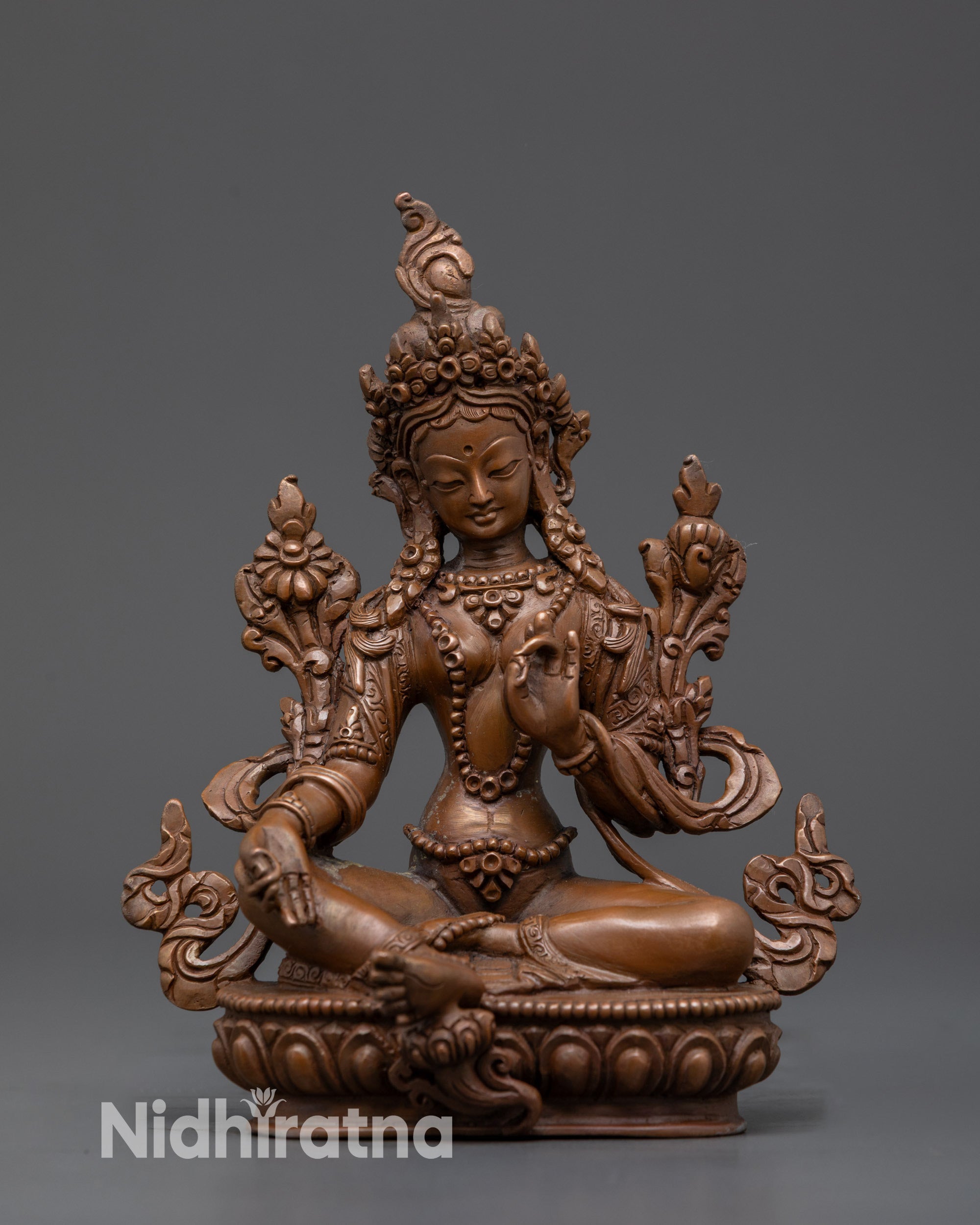 Front view Oxidized Copper Green Tara Statue with Five-Jeweled Crown on lotus seat
