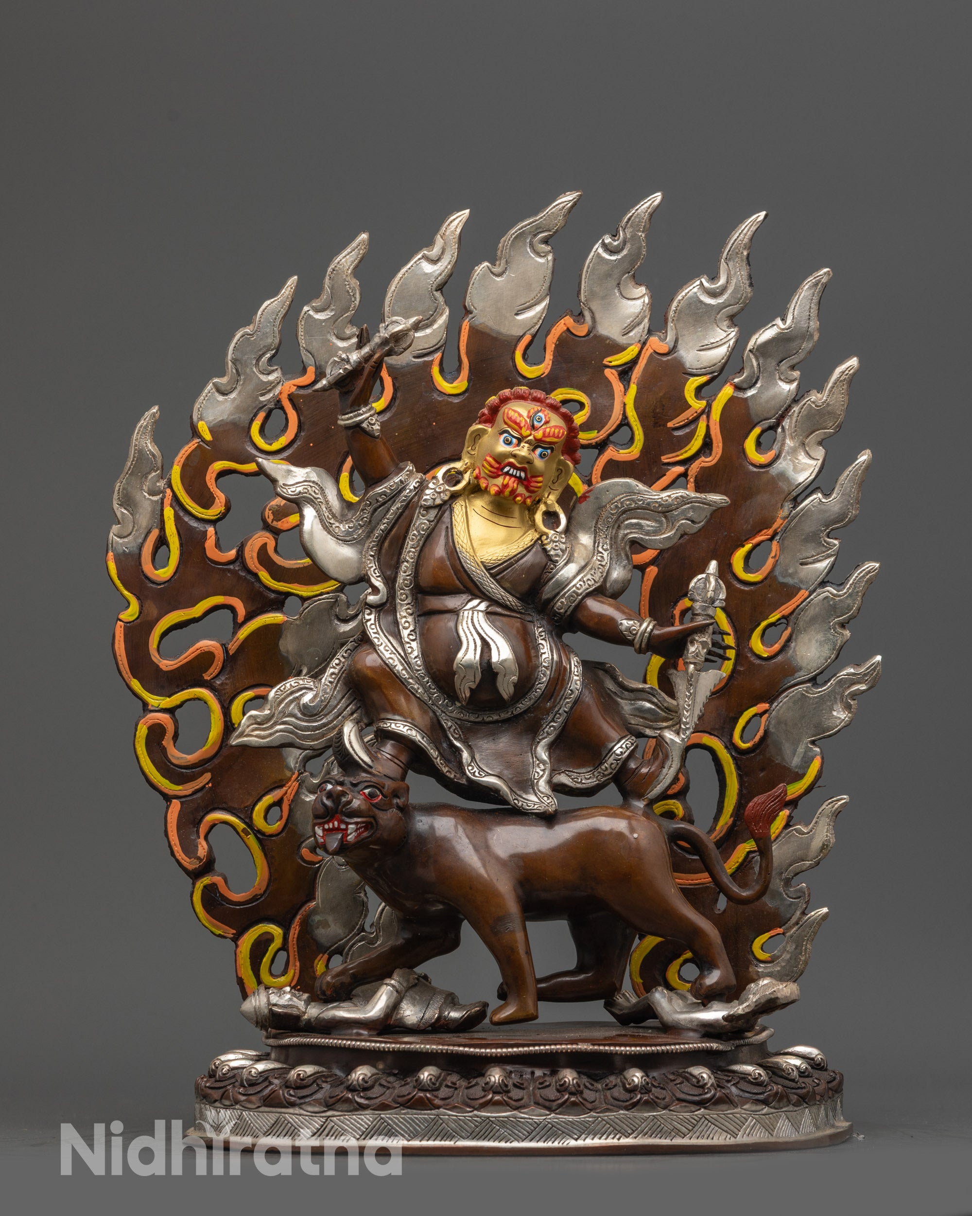 Front view Oxidized Dorje Drolo statue with gold-gilded face and tigress base