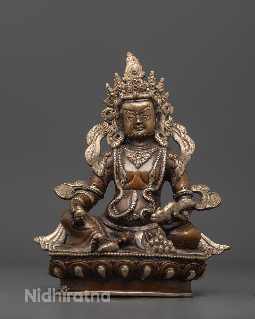 Front view Oxidized Dzambhala Mantra Sculpture lost wax, silver-plated copper wealth deity