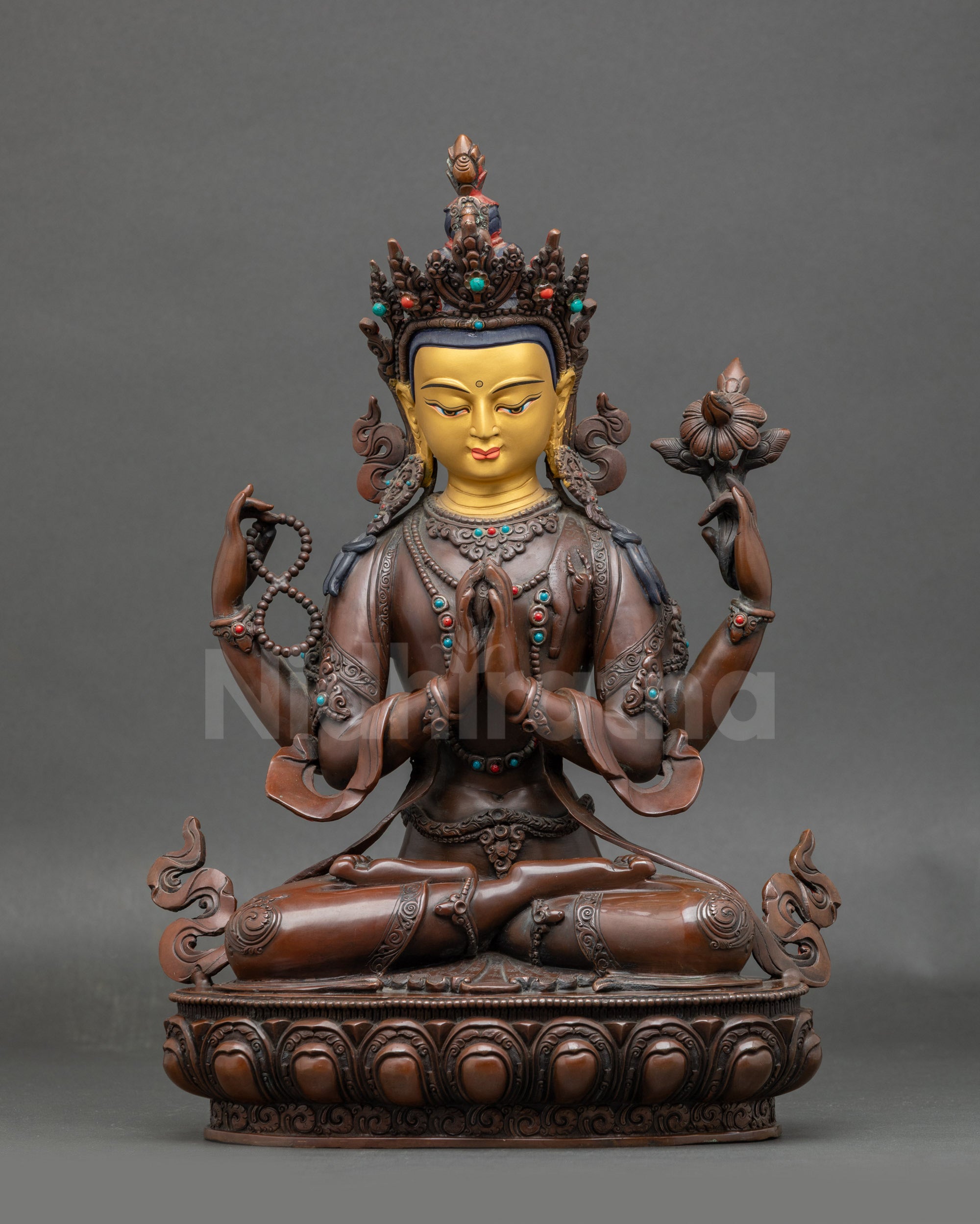 Front view β Oxidized Handmade Chenrezig Statue with gold face on lotus throne