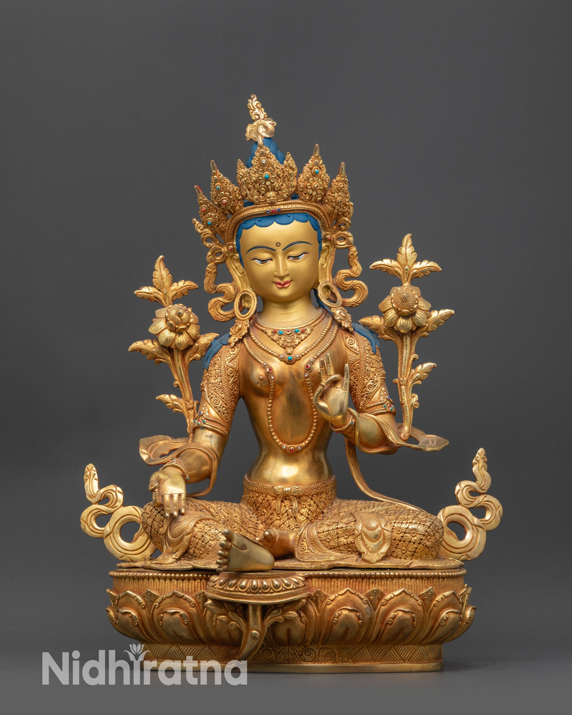 Front view Premium Green Tara Statue with gold-gilded face and lotus seat