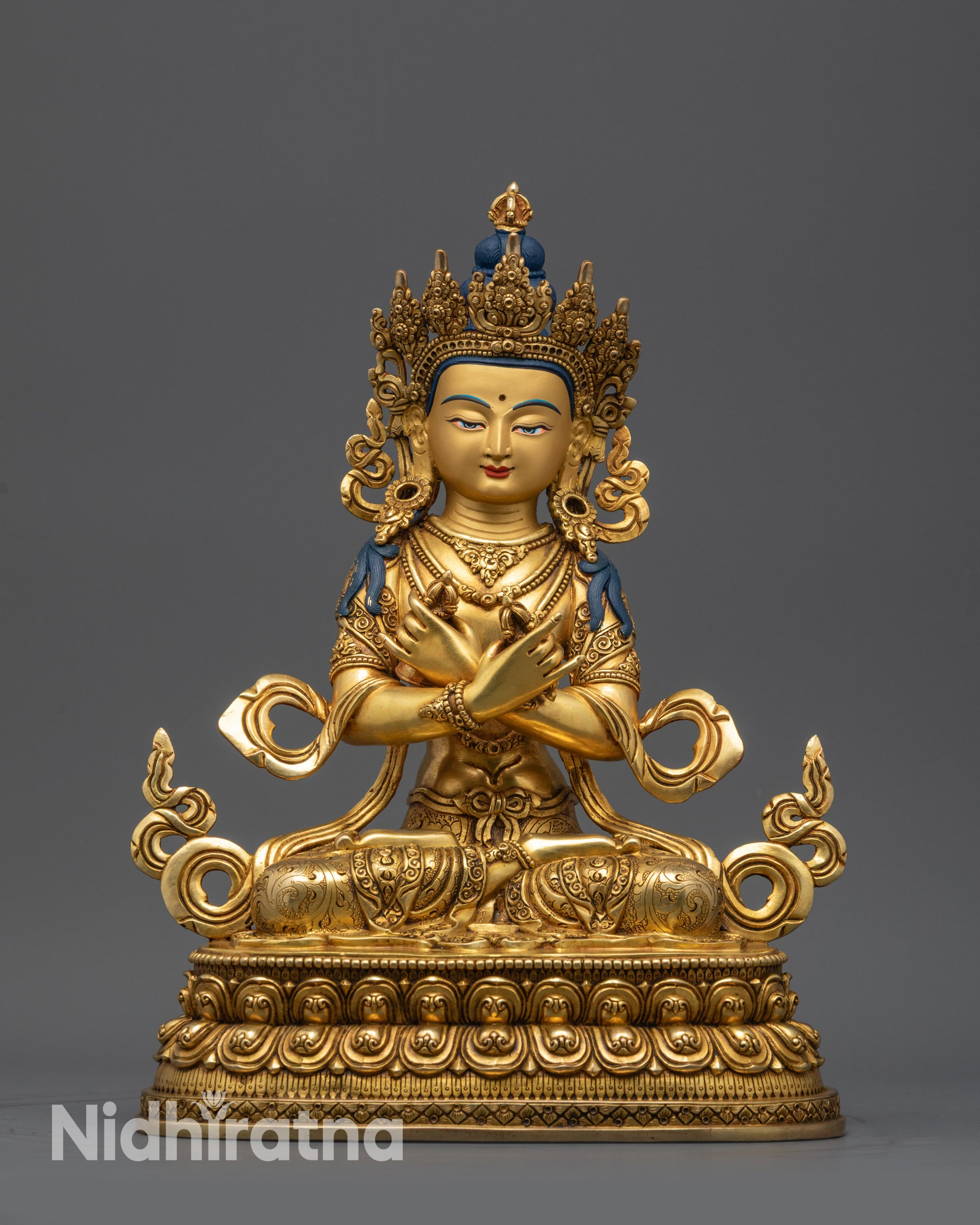Front view Primordial Vajradhara Sculpture with Five-Jeweled Crown on double-lotus seat