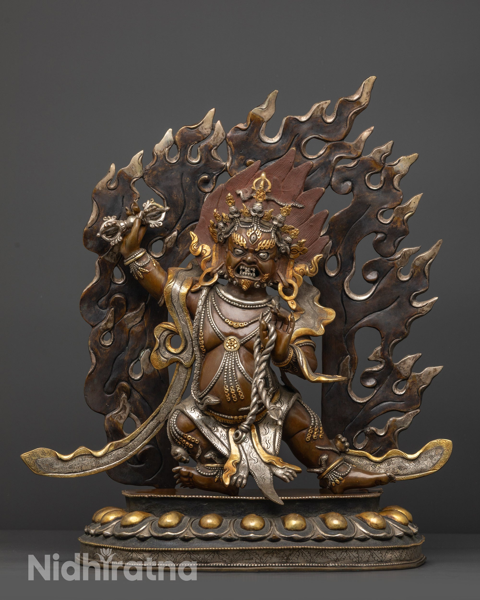 Front view Protector Vajrapani statue with lotus seat and wrathful halo