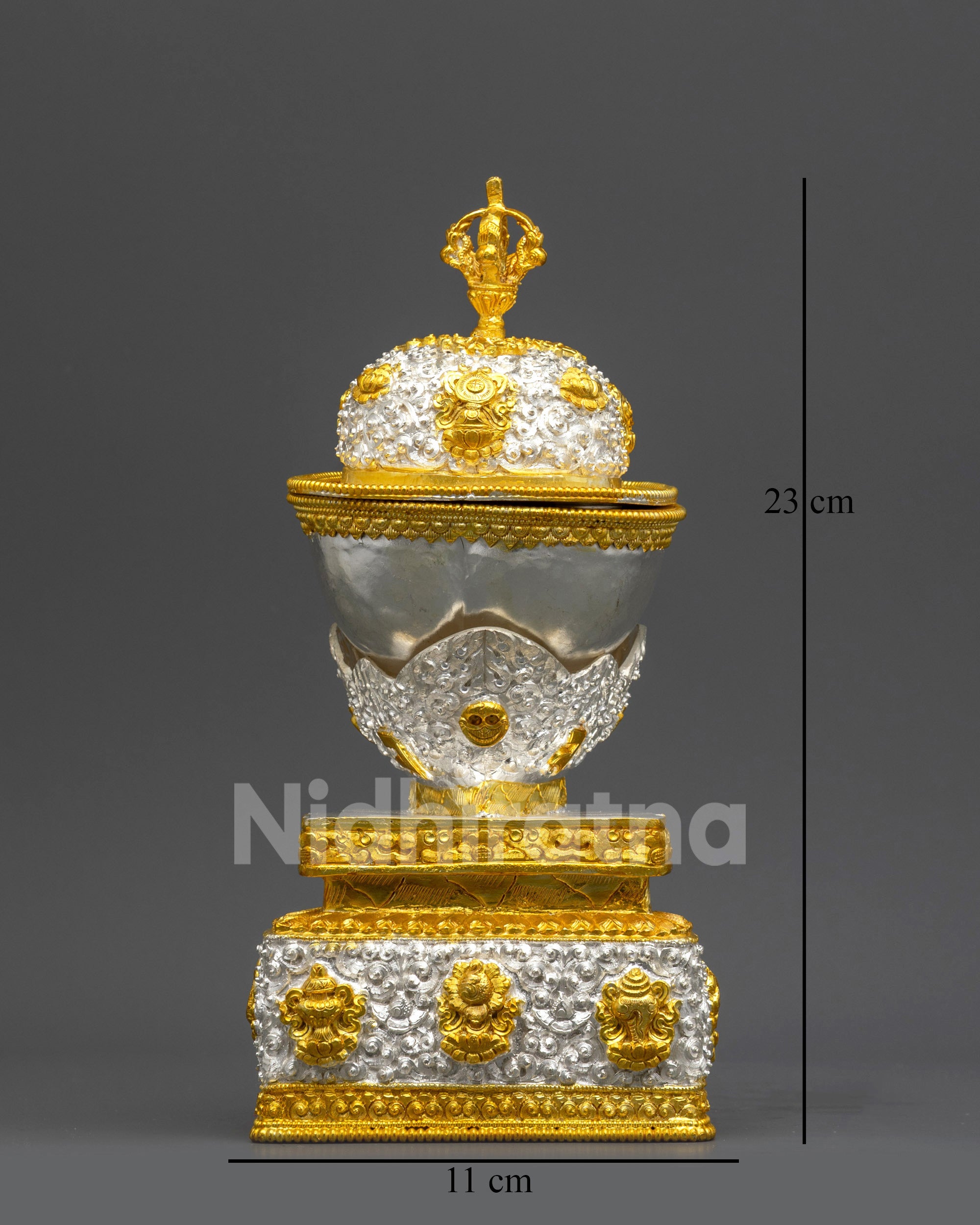 Front view Ritual Kapala Skull Cup with silver-plated body and gold filigree lid