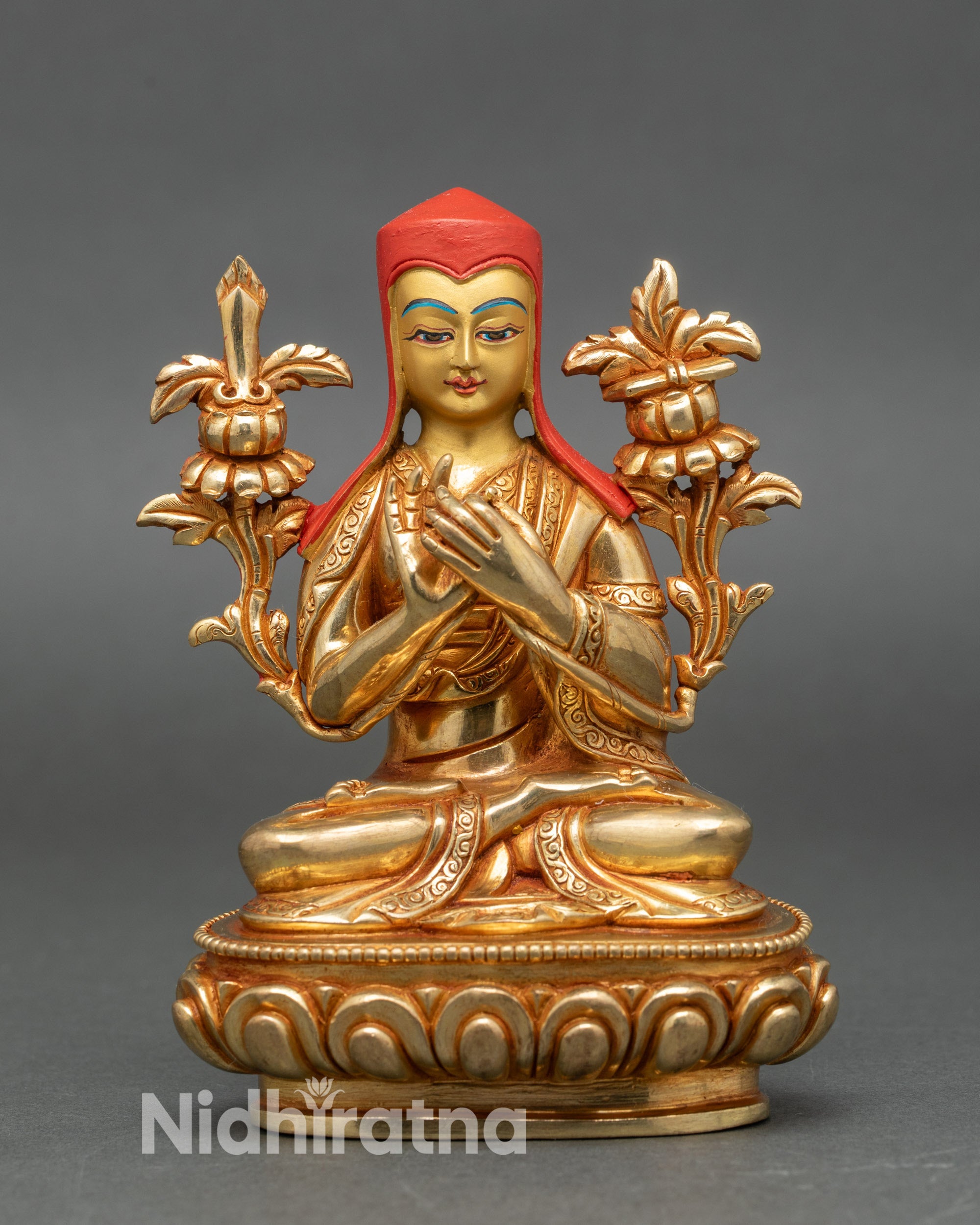 Front view Sakya Pandita gold gilded copper Buddhist teacher statue