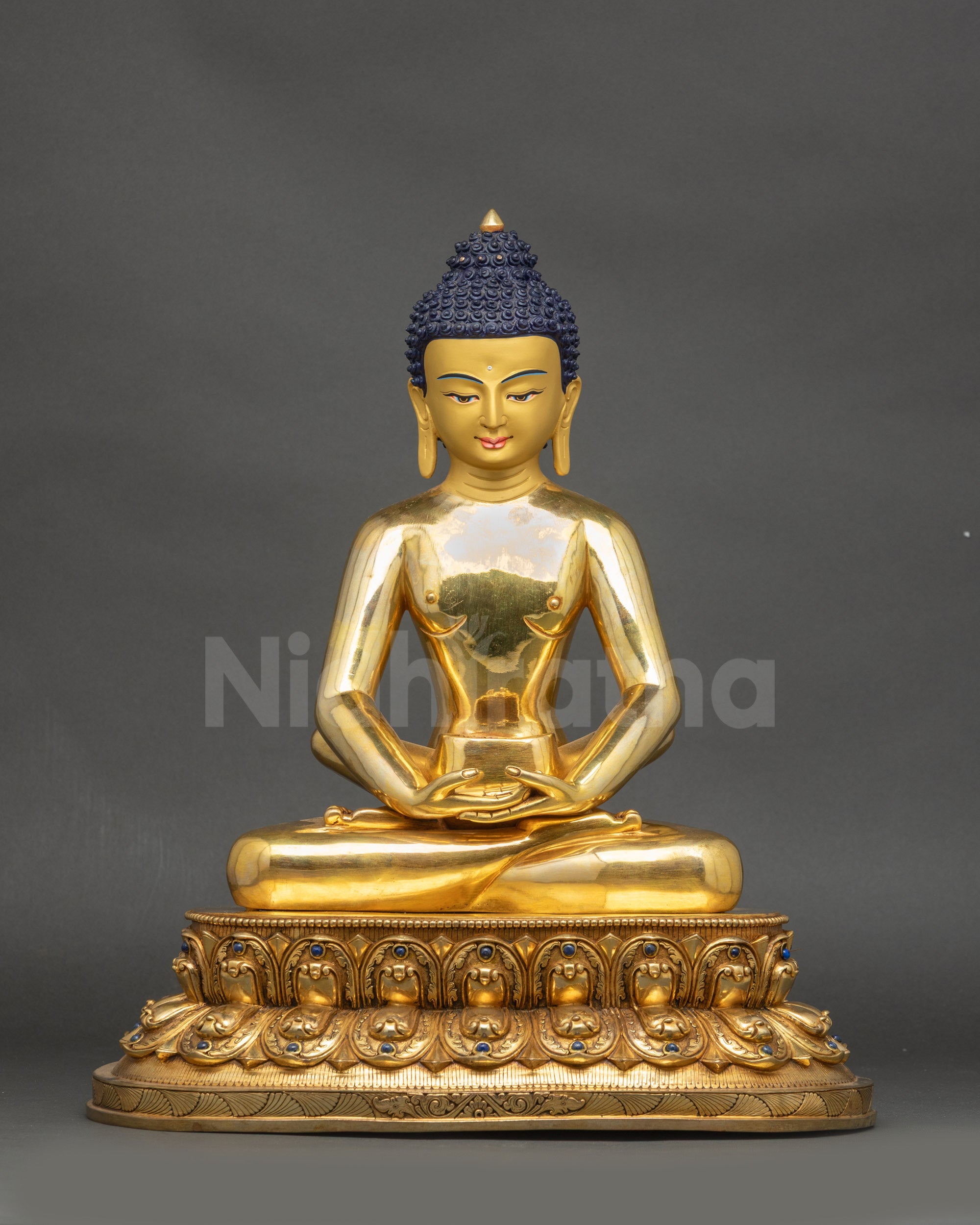 Front view Samantabhadra Bodhisattva sculpture on lotus pedestal with gold-gilded face