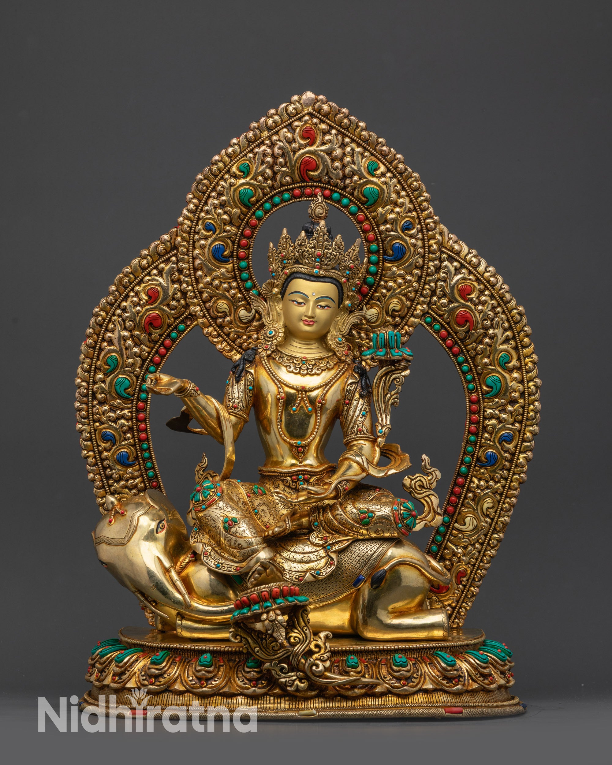 Front view Samantabhadra Statue Himalayan Buddhist deity on elephant lotus pedestal