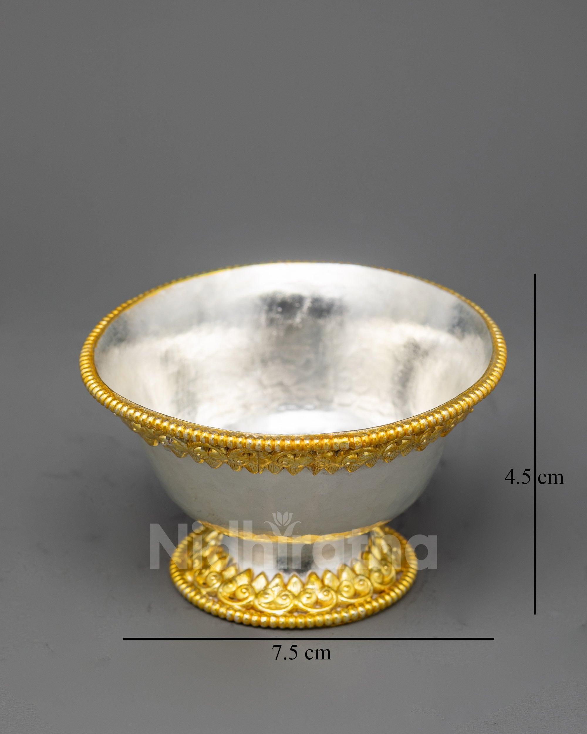 Front view Seven Handcrafted Water Offering Bowls, gold & silver-plated Tibetan ritual set