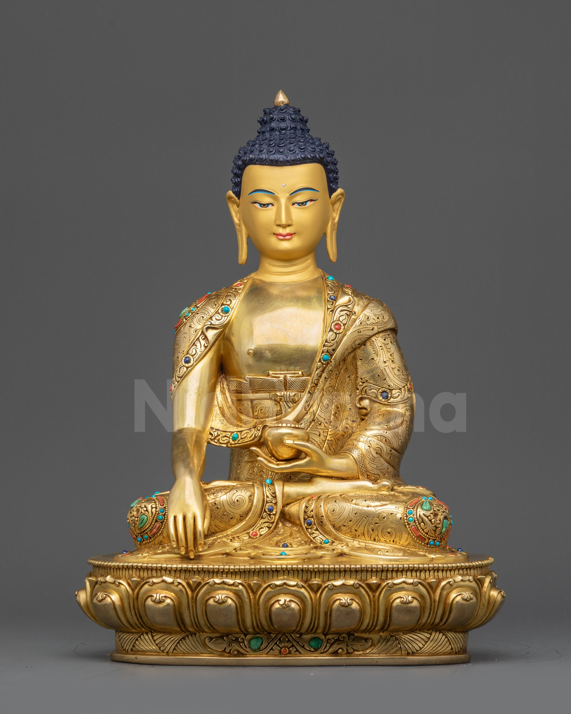 Front view Shakyamuni Buddha 24k gold-gilded copper on lotus throne