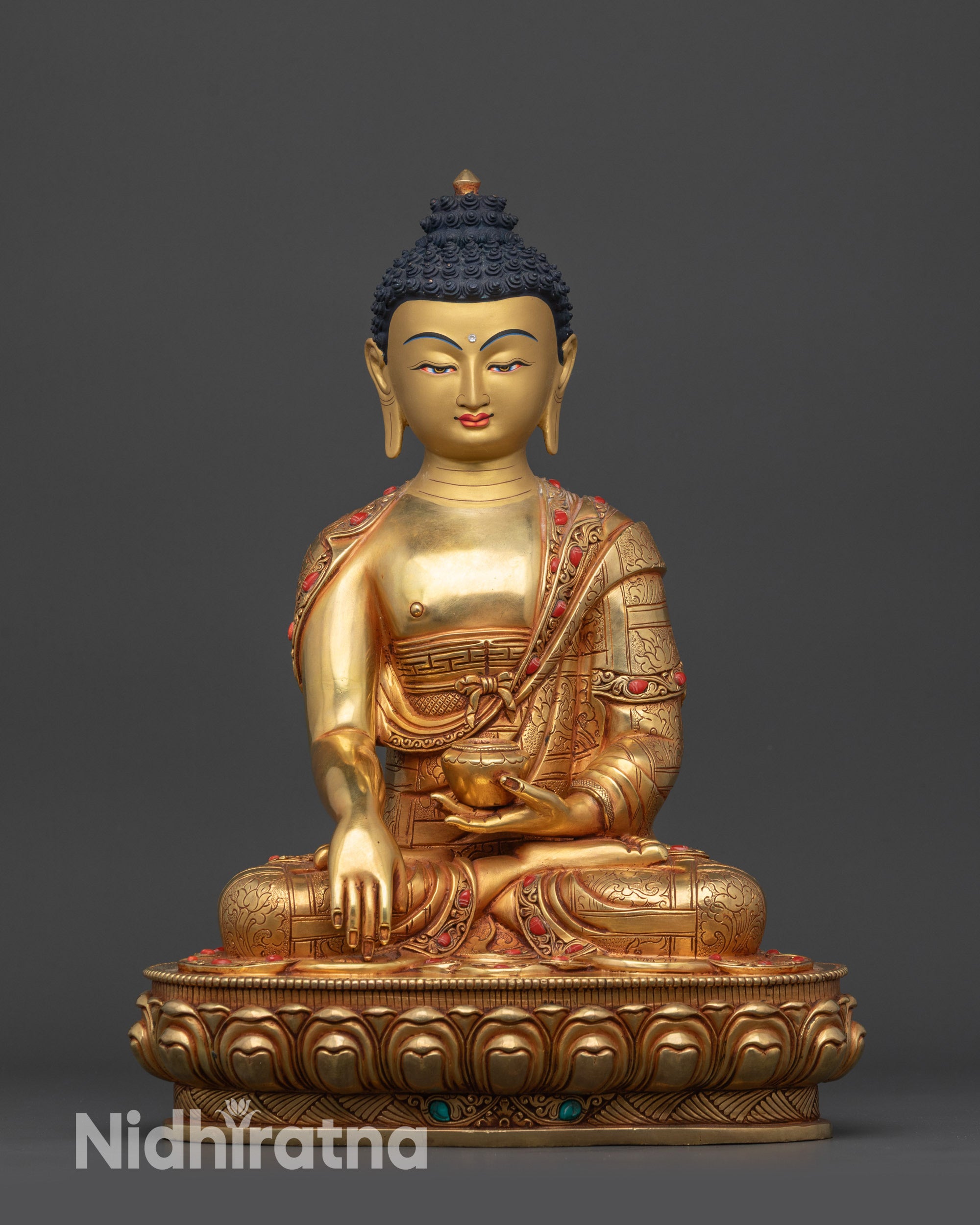 Front view Shakyamuni Buddha Meditation Statue on gold fire-gilded copper base