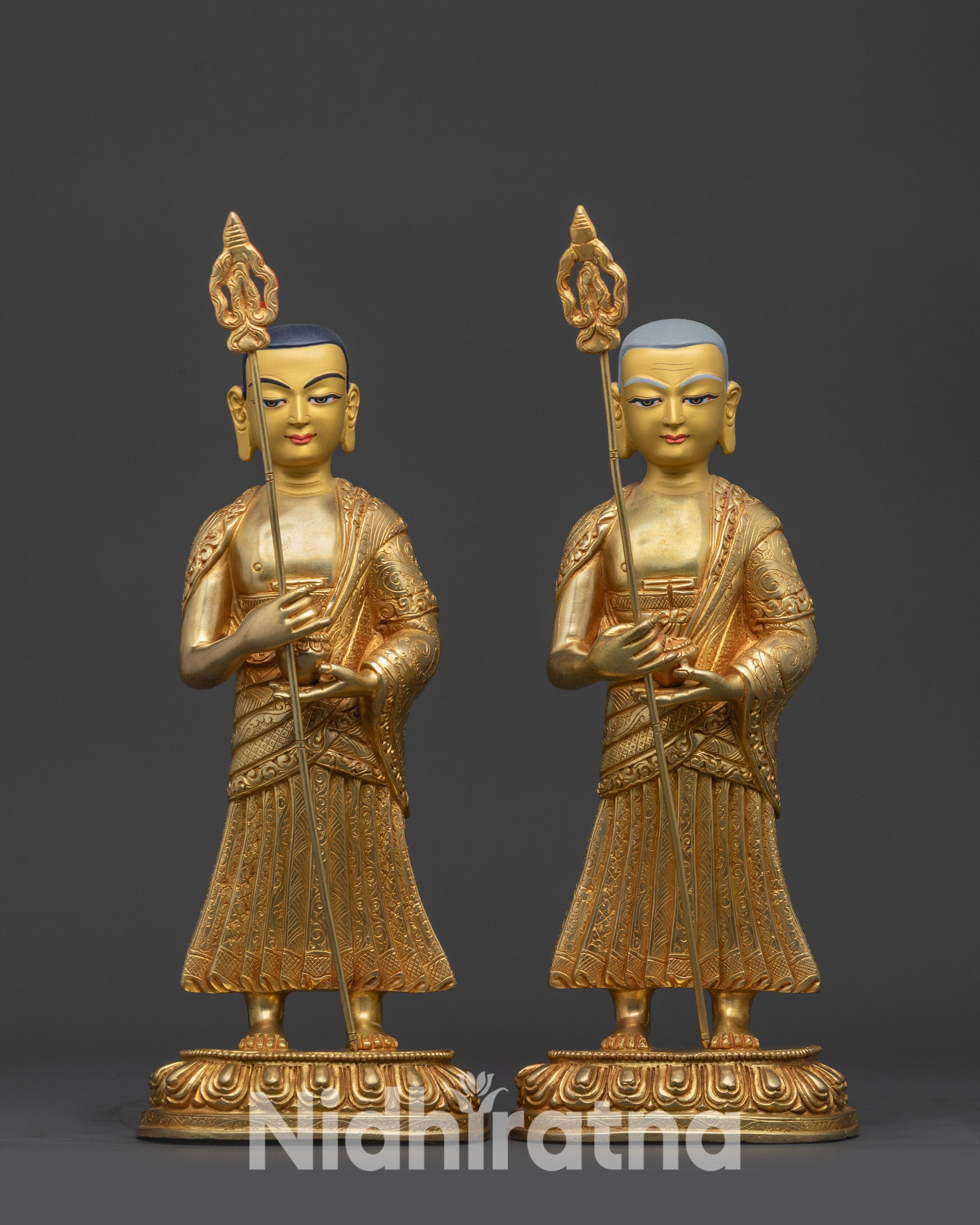 Front view Shakyamuni Buddha disciples statue Shariputra and Maudgalyayana front view