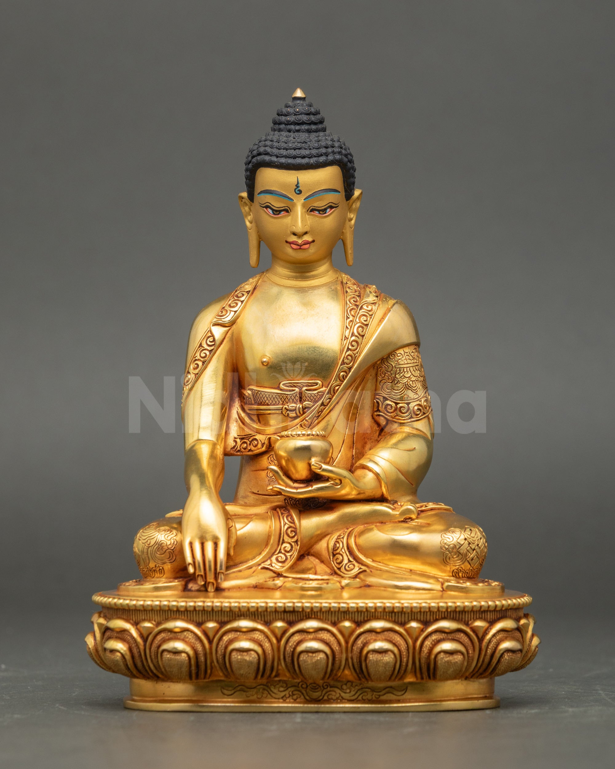 Front view Shakyamuni Buddha statue copper with gold Patan Nepal lotus throne