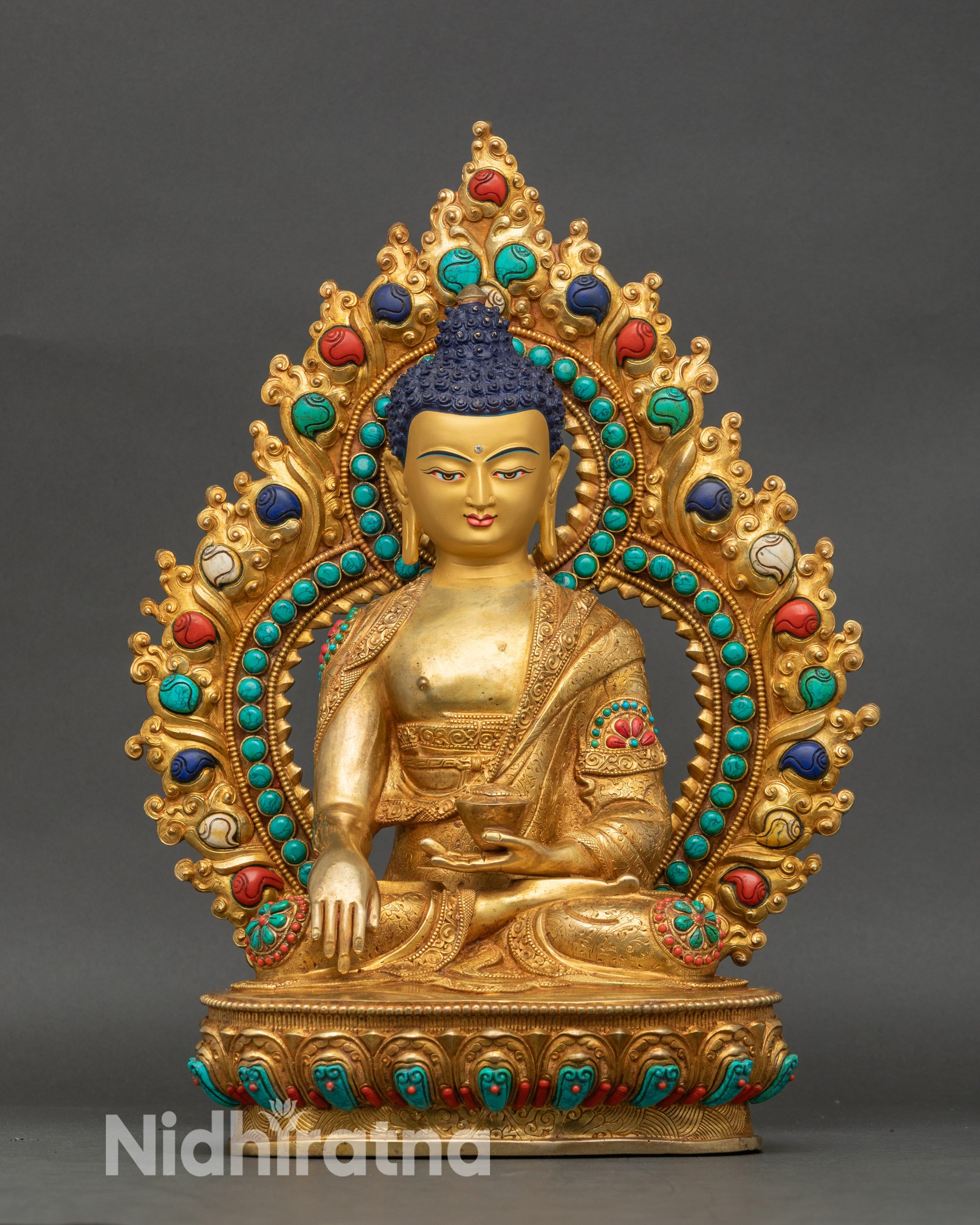Front view Shakyamuni Buddha statue gold gilded copper handmade Nepalese art