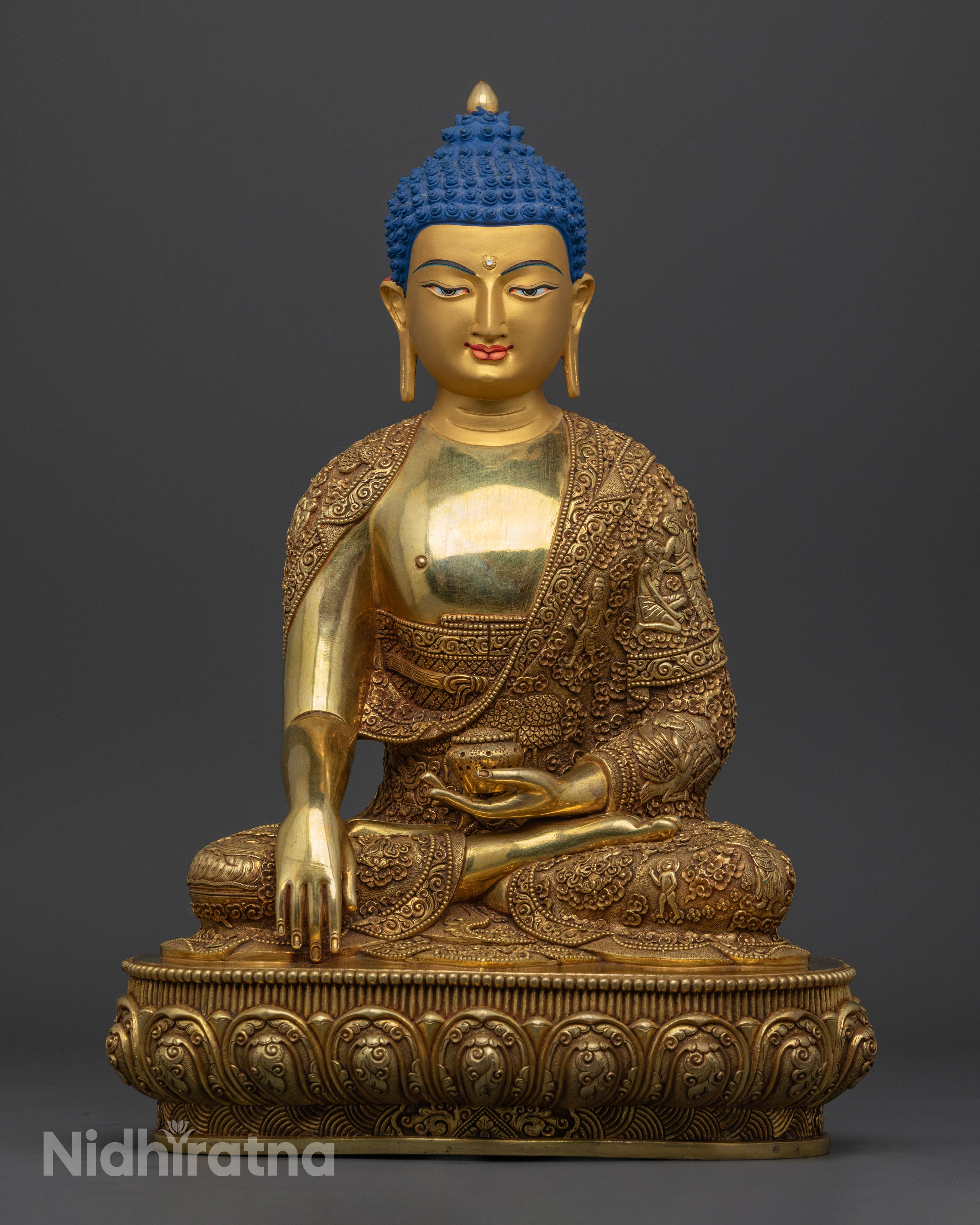 Front view Shakyamuni Buddha statue gold monk bowl Bhumisparsha Mudra lotus pedestal Nepal