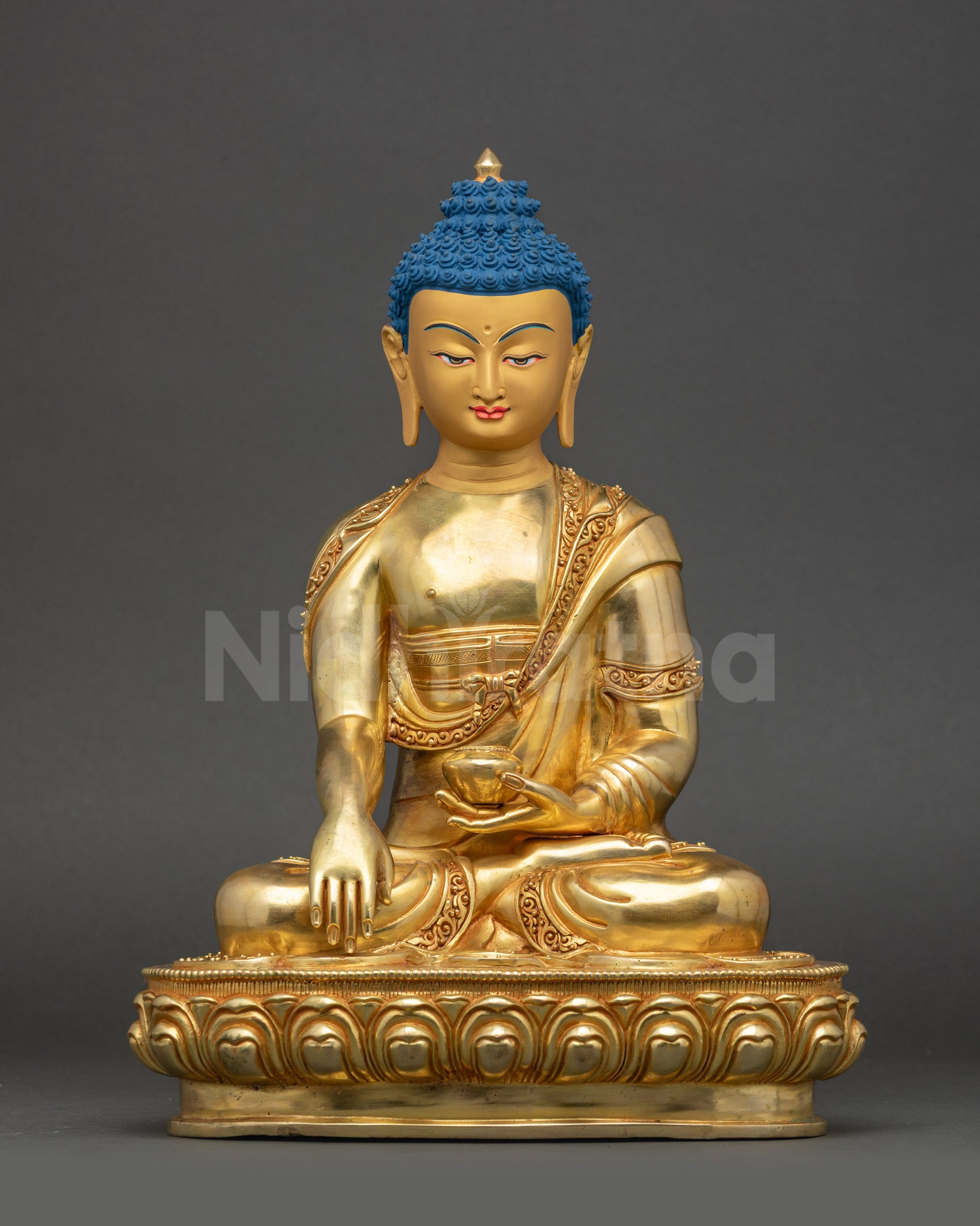 Front view Shakyamuni Buddha statue golden Nepalese copper for spiritual décor
