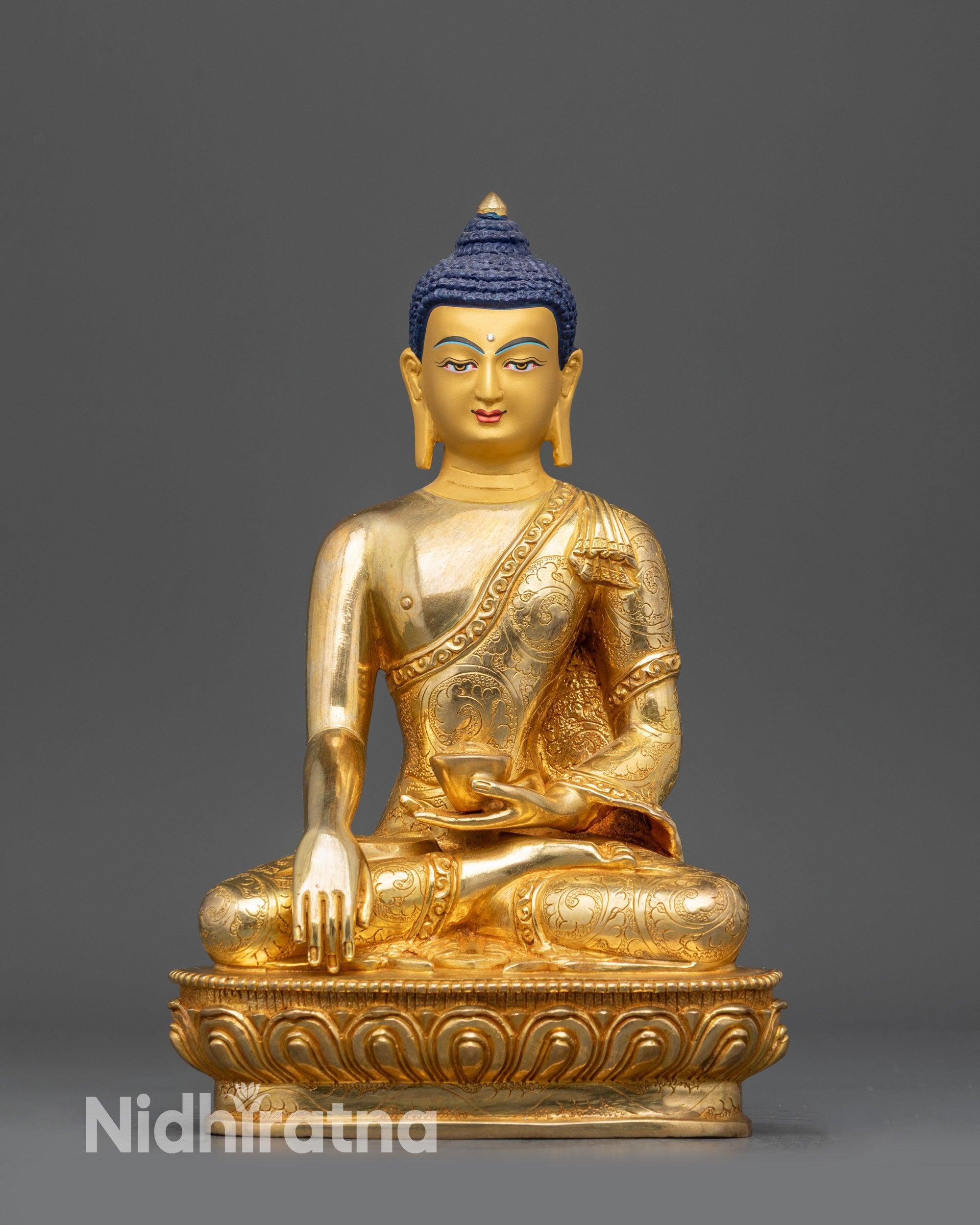 Front view Shakyamuni Buddha statue on lotus seat gold fire-gilded copper