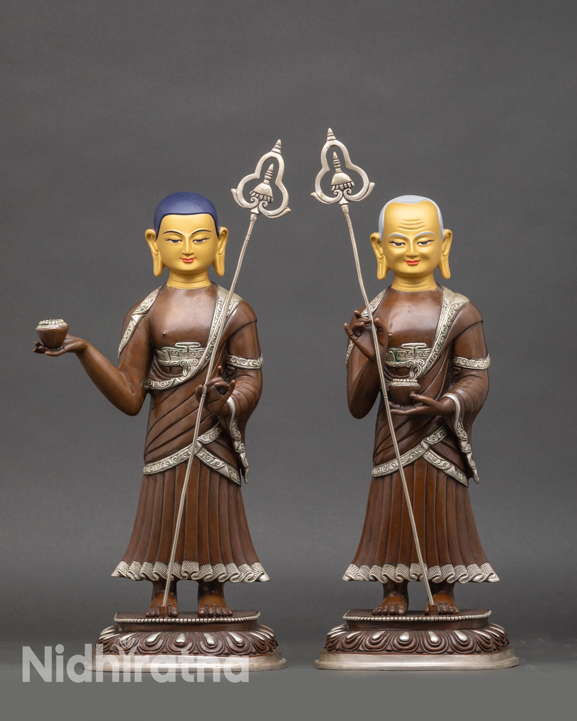 Front view Shakyamuni Buddha with Sariputra and Maudgalyayana statue in Nepalese copper