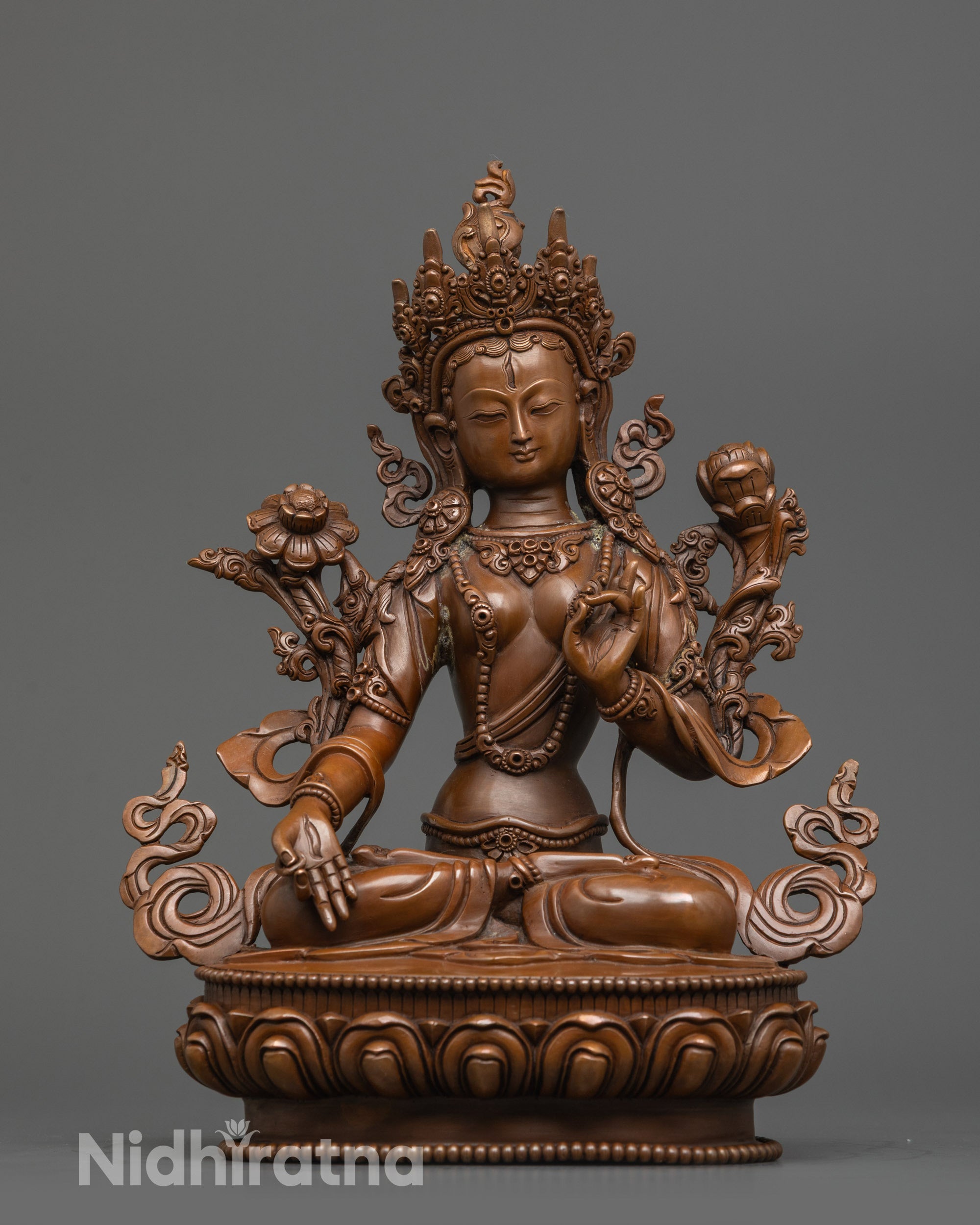 Front view Sita Tara Statue oxidized copper with seven eyes and jeweled crown