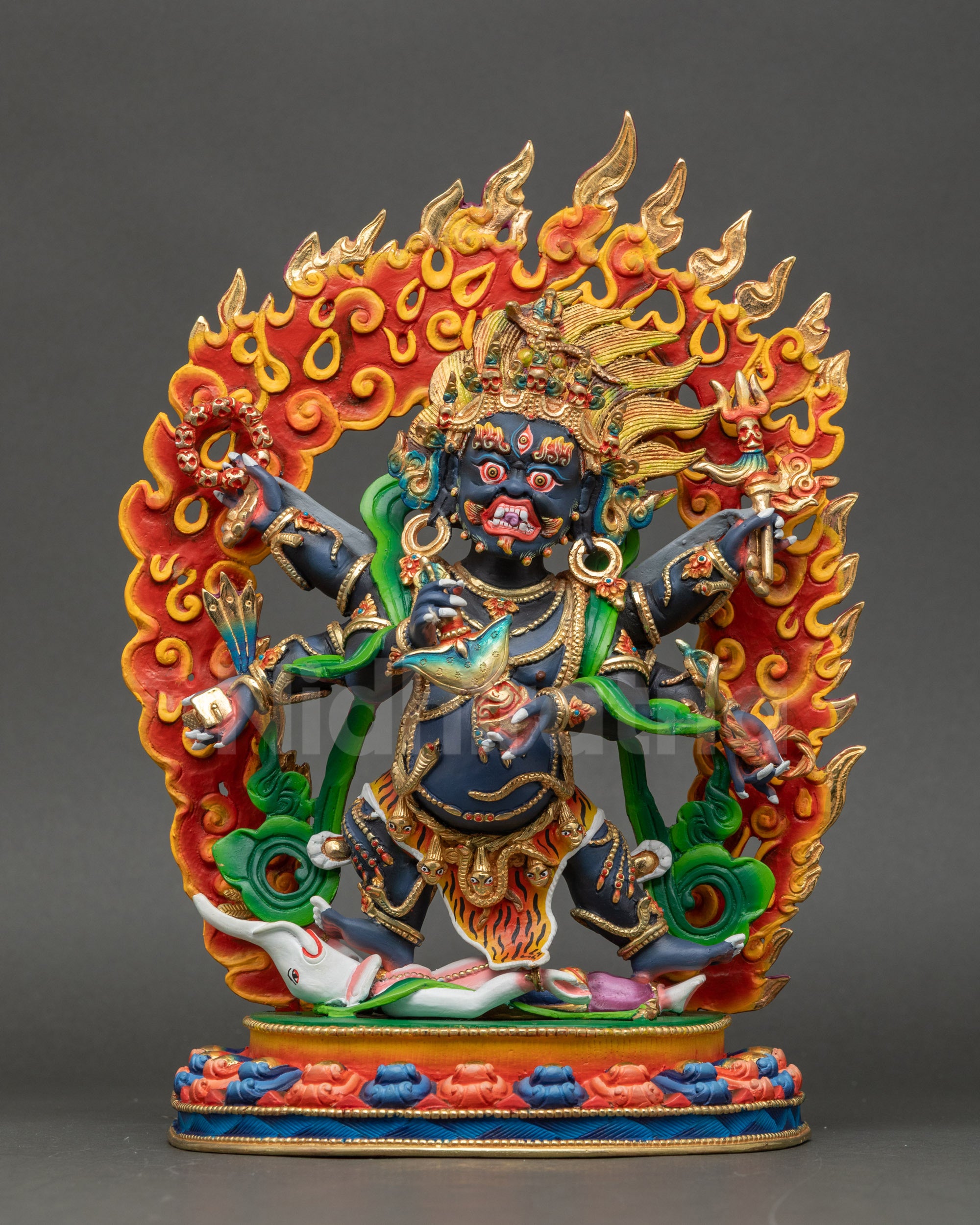 Front view Six-Armed Mahakala Gonpo Chagdrugpa statue with gold-plated painted finish