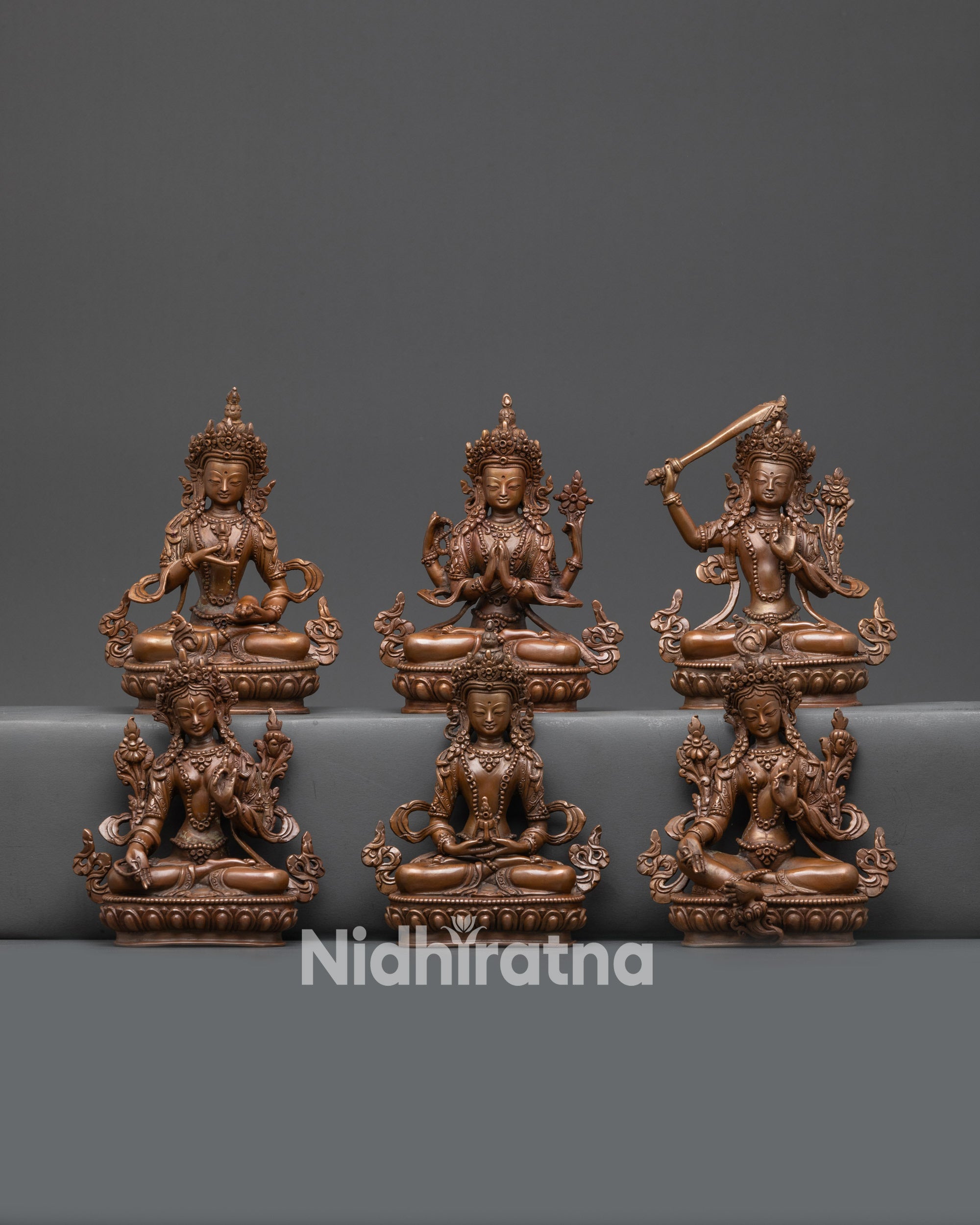 Front view Six Bodhisattva Set oxidized copper statues with lotus seats and intricate crowns