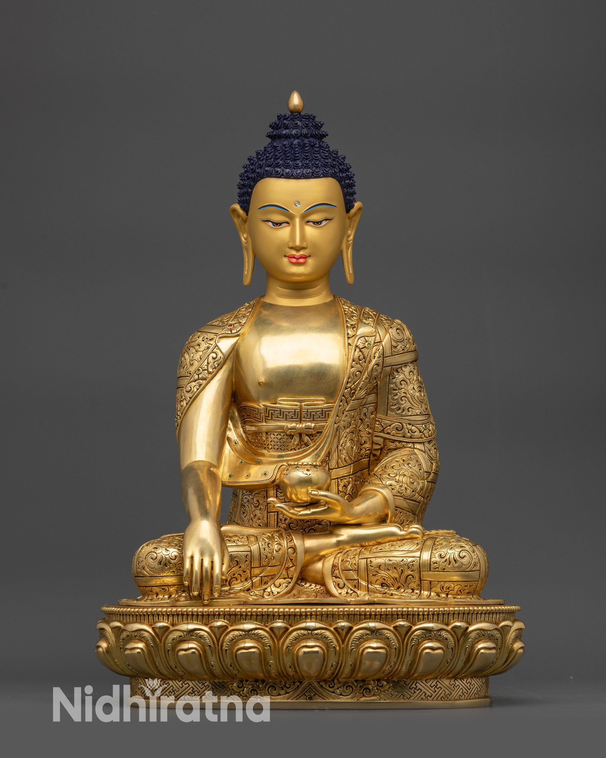 Front view Tathagata Buddha Statue on lotus seat with gold fire-gilded base