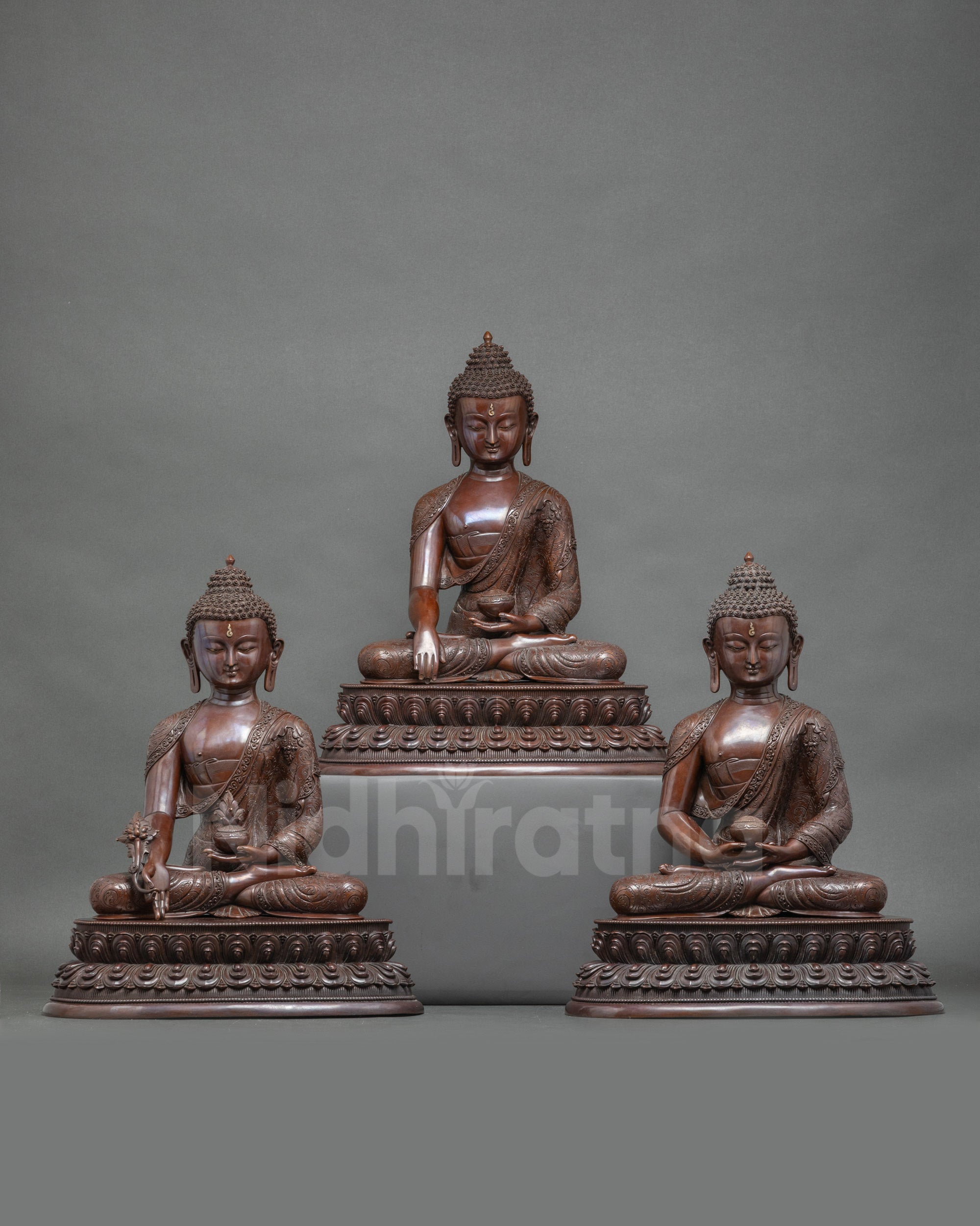 Front view Three Buddha Set, copper statues with oxidized finish, Nepalese craftsmanship
