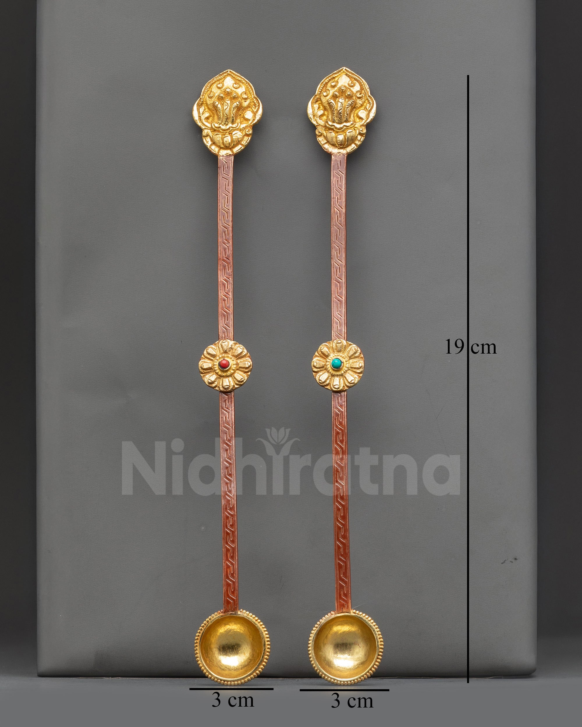 Front view Tibetan Altar Spoon with Conch Shell engraved handle