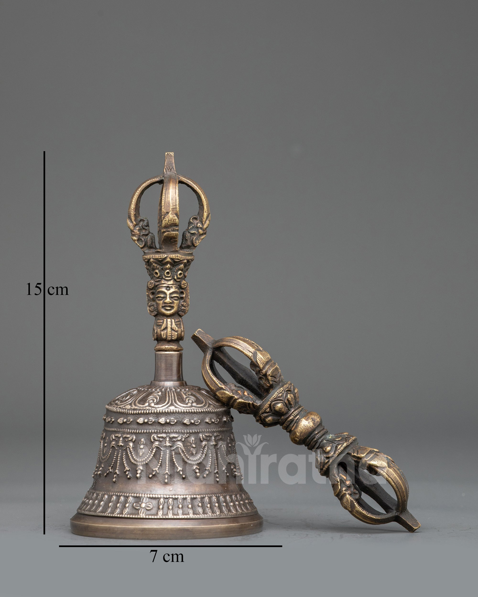Front view Tibetan Bell and Vajra set for Vajrayana Buddhist altar rituals