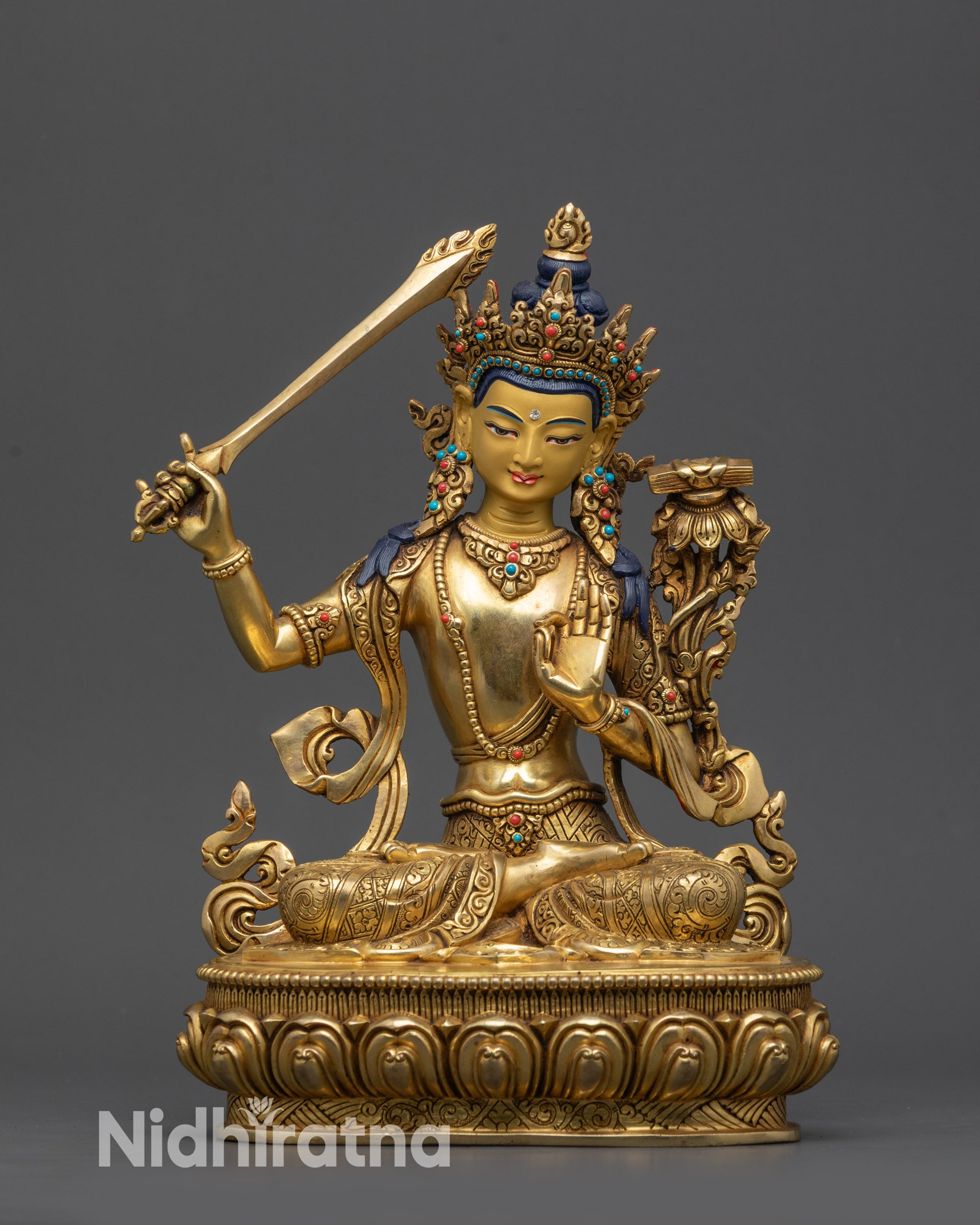 Front view Tibetan Bodhisattva Manjushree Statue on gold fire-gilded lotus seat