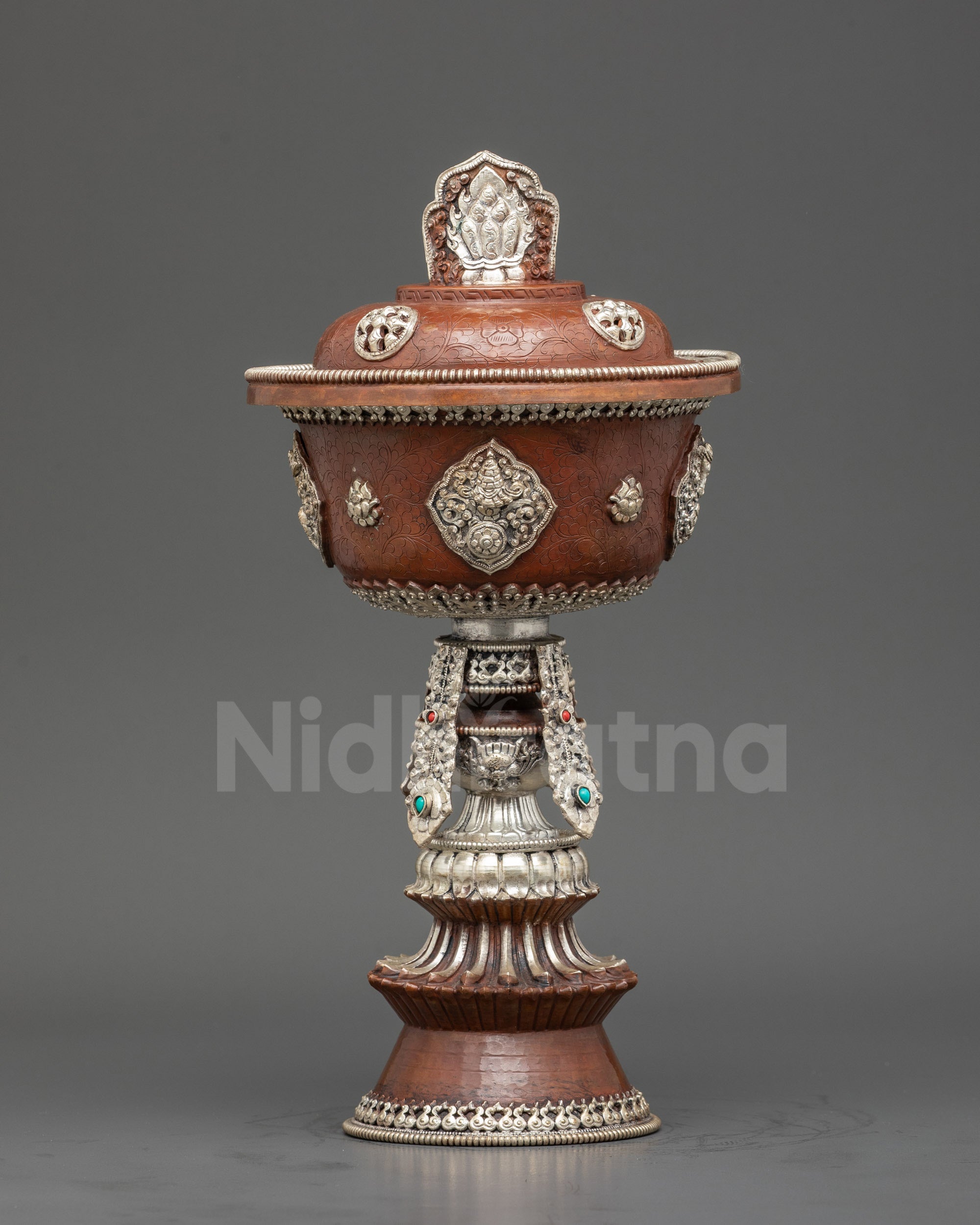 Front view Tibetan Butter Lamp copper with silver plating and turquoise coral stones
