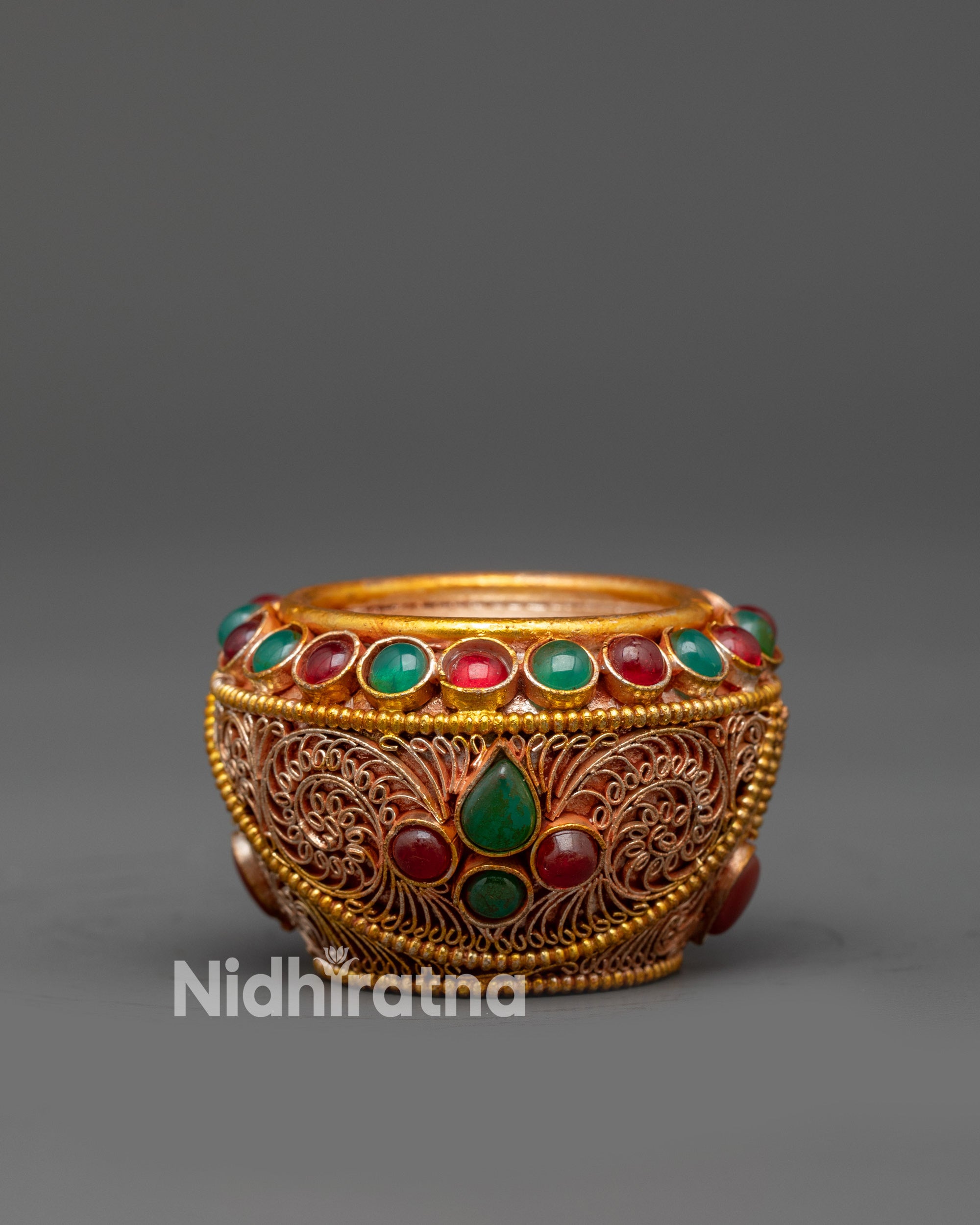 Front view Tibetan Golpa Offering Bowl with gold-plated filigree and stones