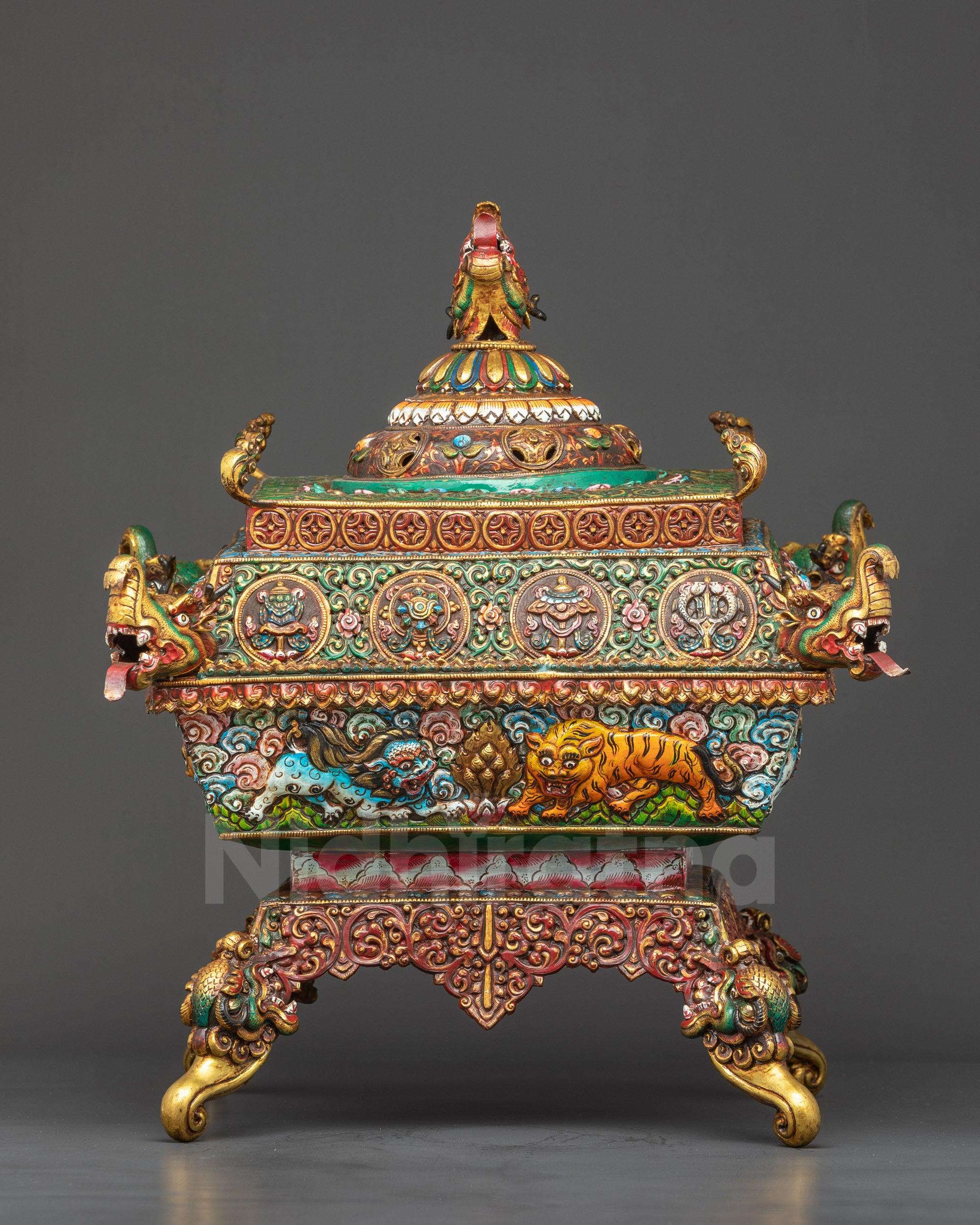 Front view Tibetan Sangbour incense burner 24K gold plated copper with acrylic painting