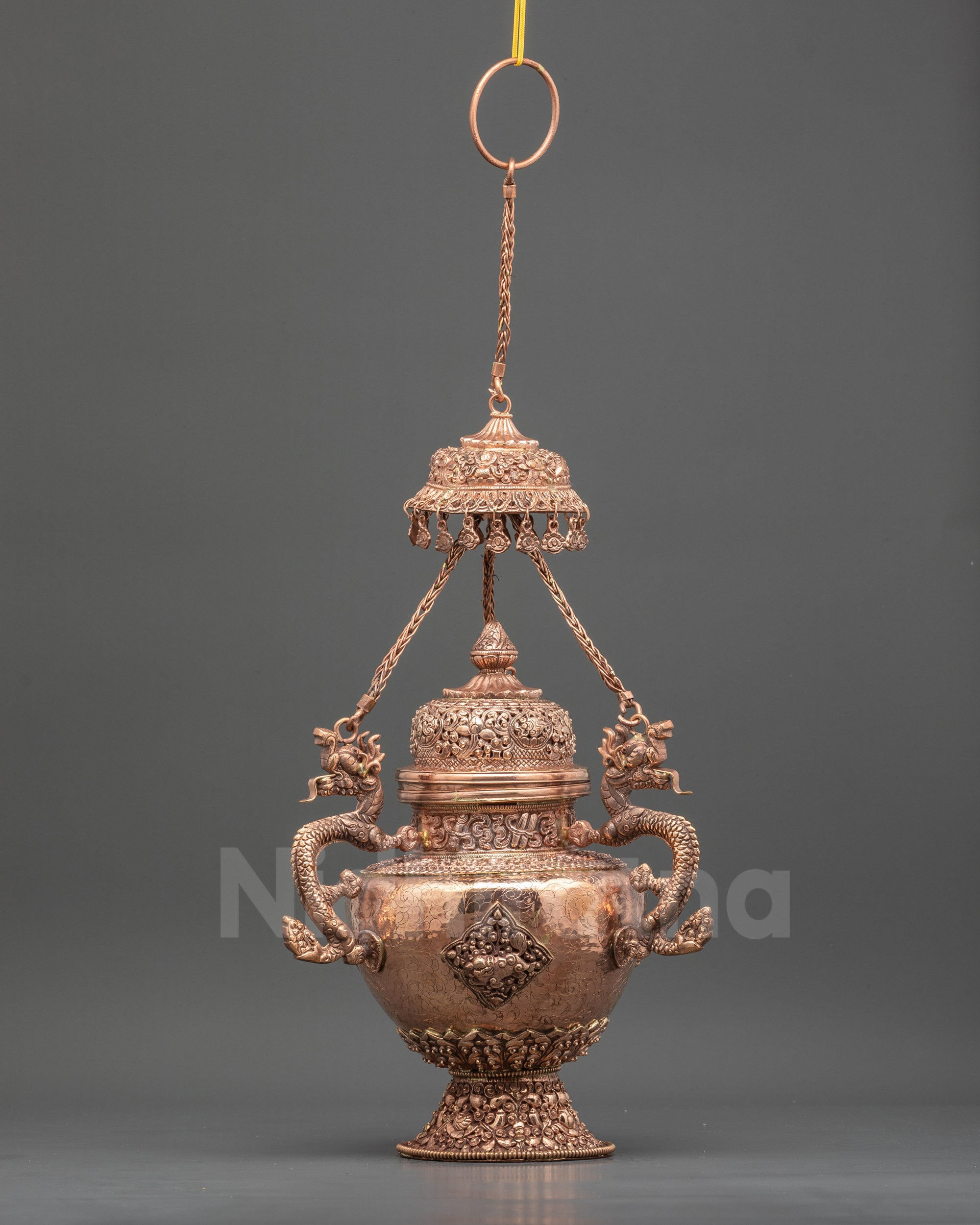 Front view Tibetan Sangbur incense burner for Sang offerings, handcrafted copper ritual burner Nepal
