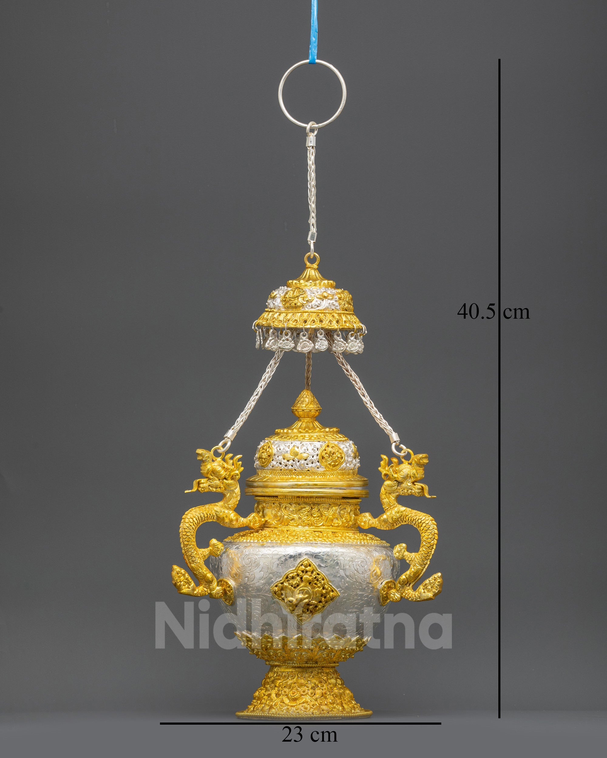 Front view Tibetan Sangbur incense burner gold silver-plated copper with dragon handle