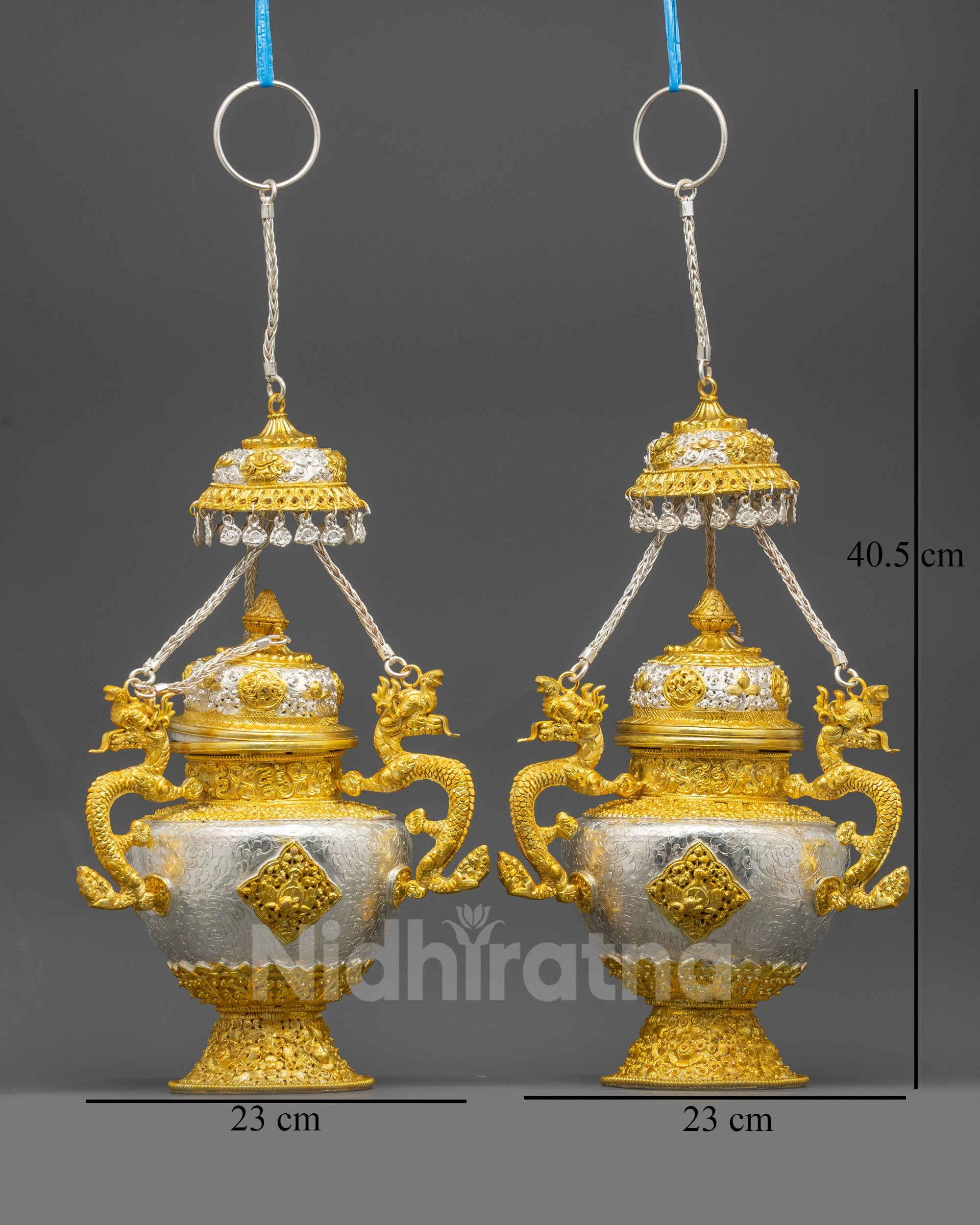 Front view Tibetan Sangbur twin incense burner set gold silver-plated copper dragon handles