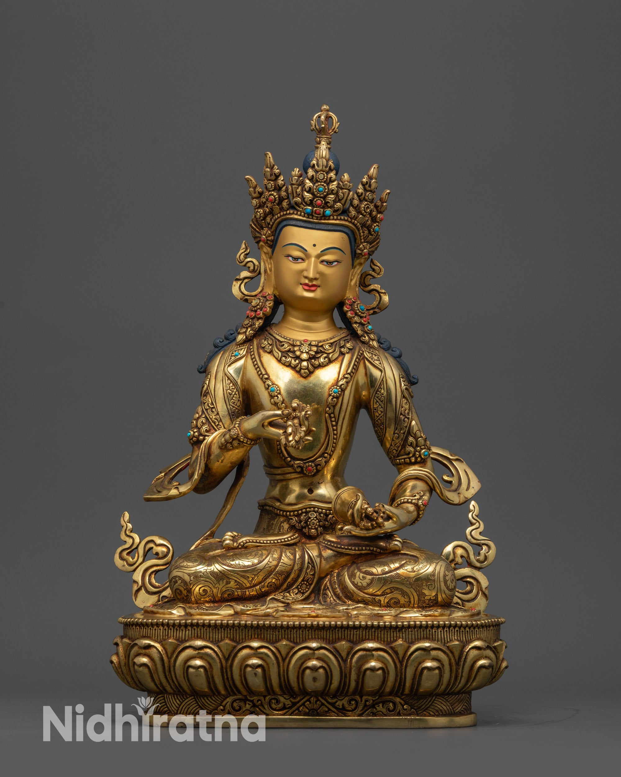 Front view Tibetan Vajrasattva Statue with crown, earrings, and lotus seat carvings
