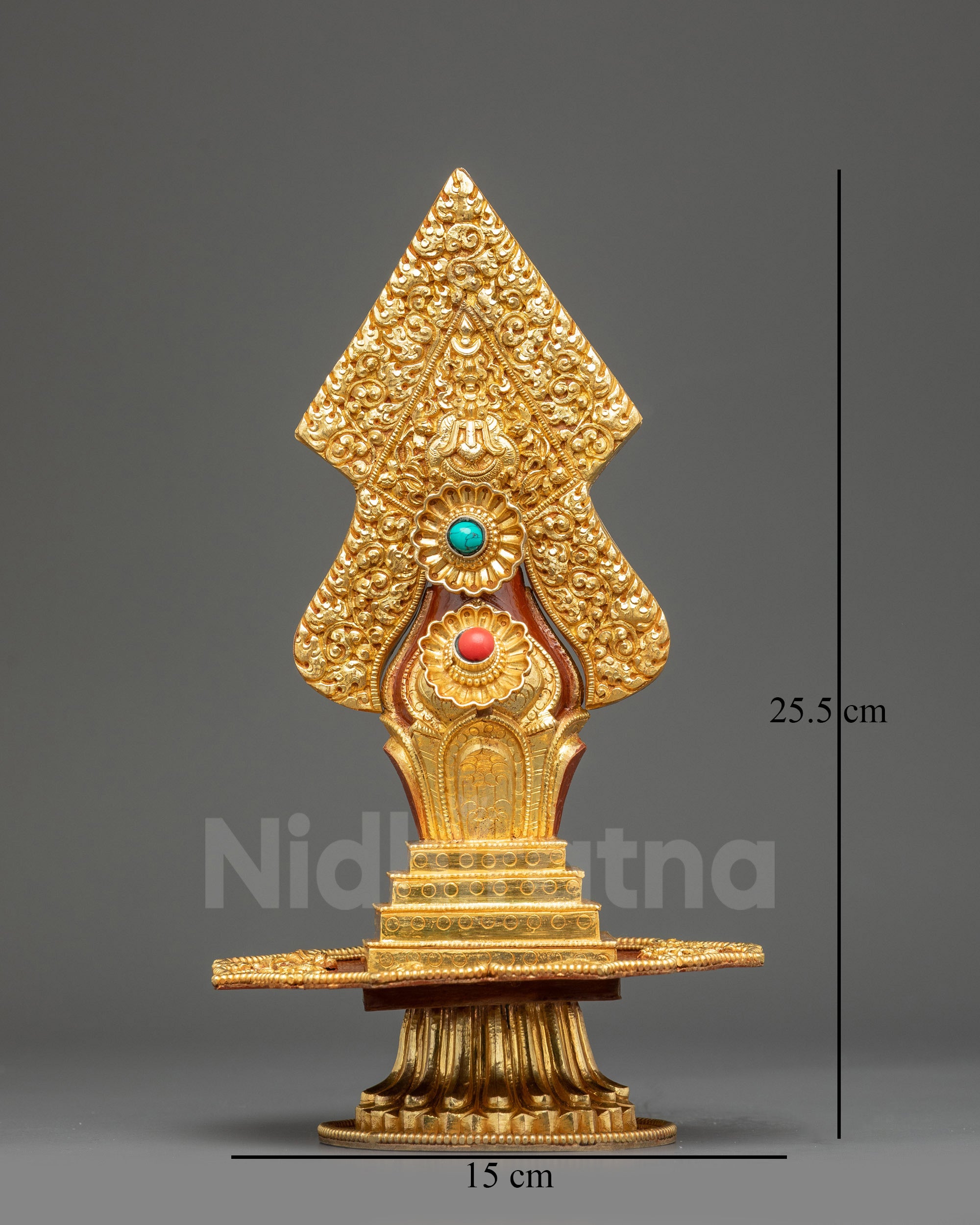 Front view Tibetan copper Torma offering with gold plating for Vajrayana Buddhist altar