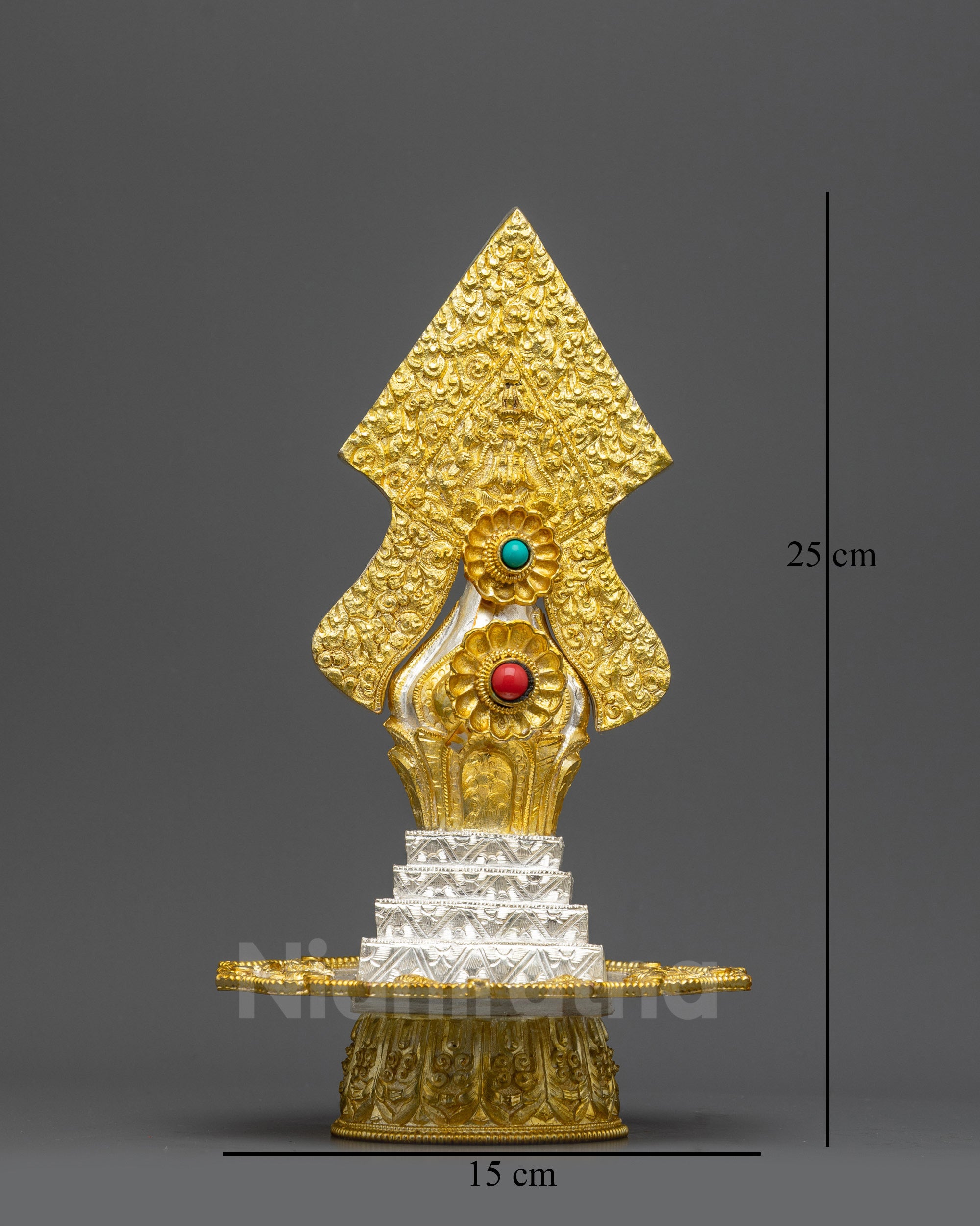 Front view Tibetan copper Torma offering with gold silver plating for Vajrayana Buddhist altar