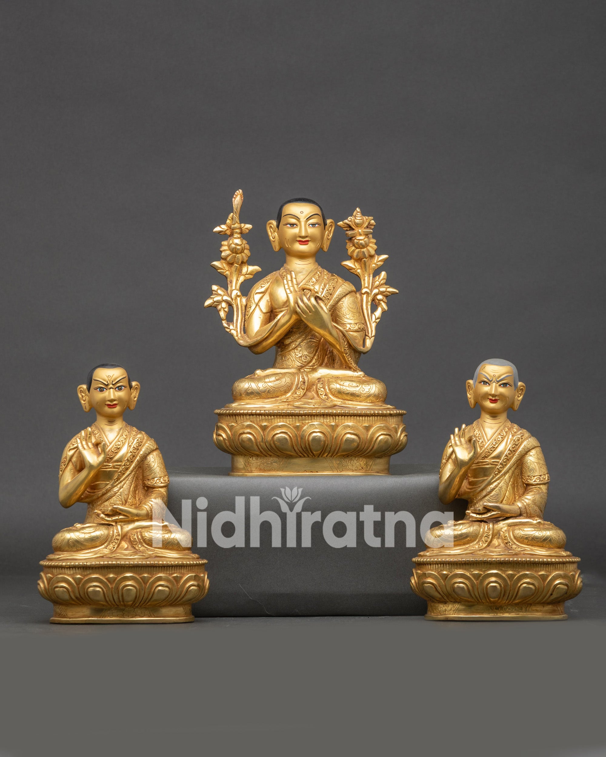 Front view Tsongkhapa with Two Disciples statue in Nepalese lost-wax copper craftsmanship