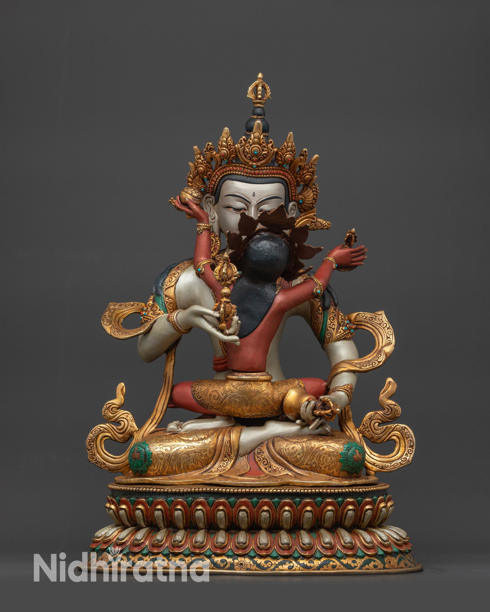 Front view Union Dorje Sempa Yab-Yum Statue on gold-plated lotus seat