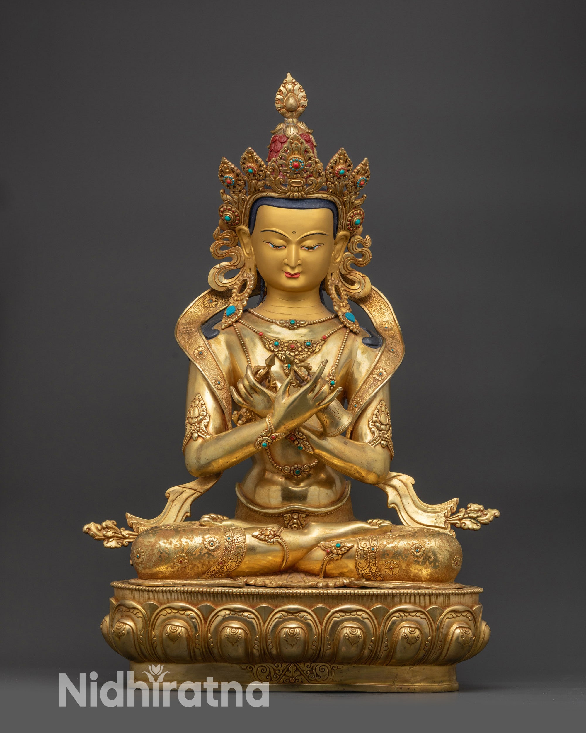 Front view Vajradhara Buddha statue seated on a lotus base in serene meditation