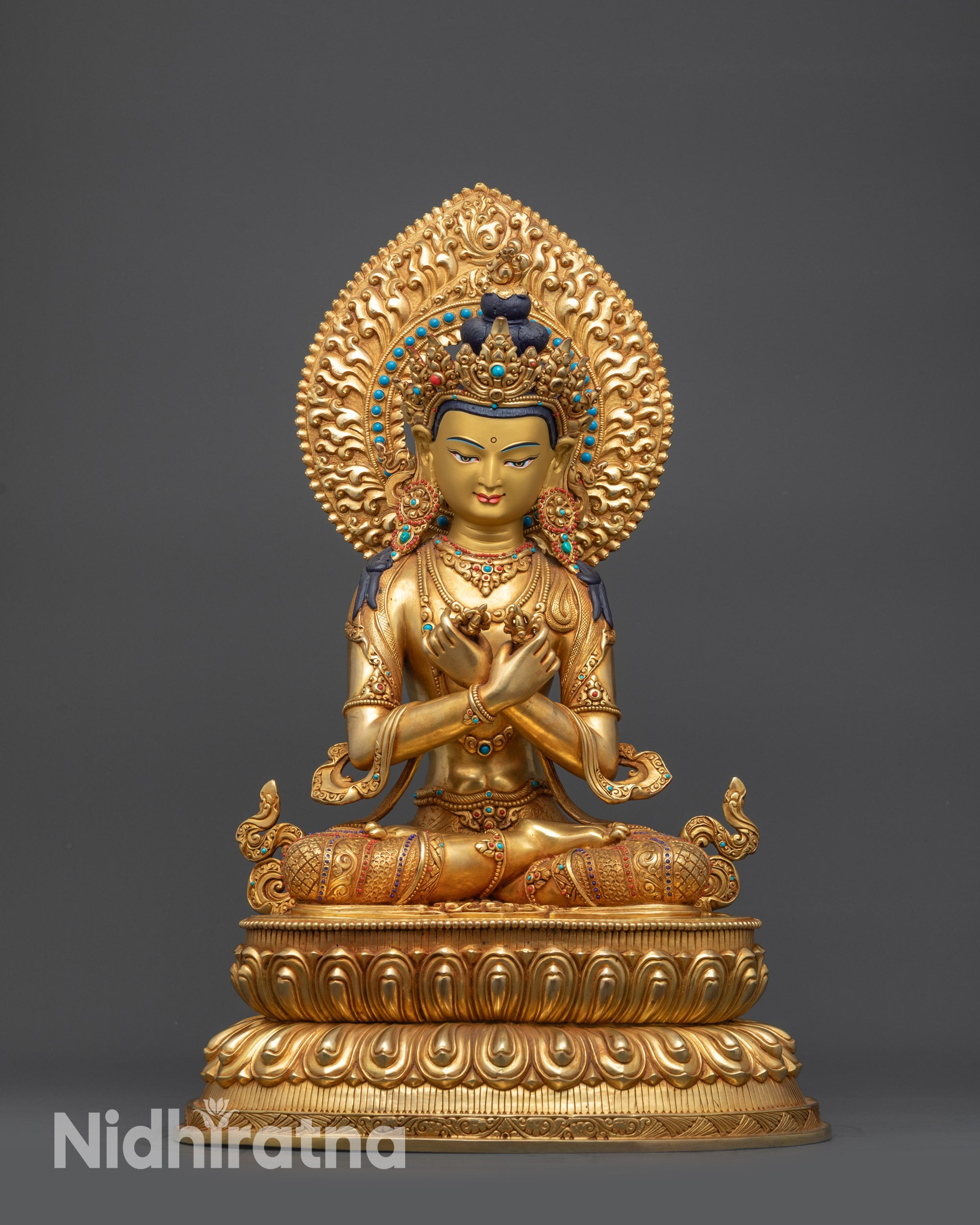 Front view Vajradhara Buddha statue with gold-gilded face and lotus pedestal