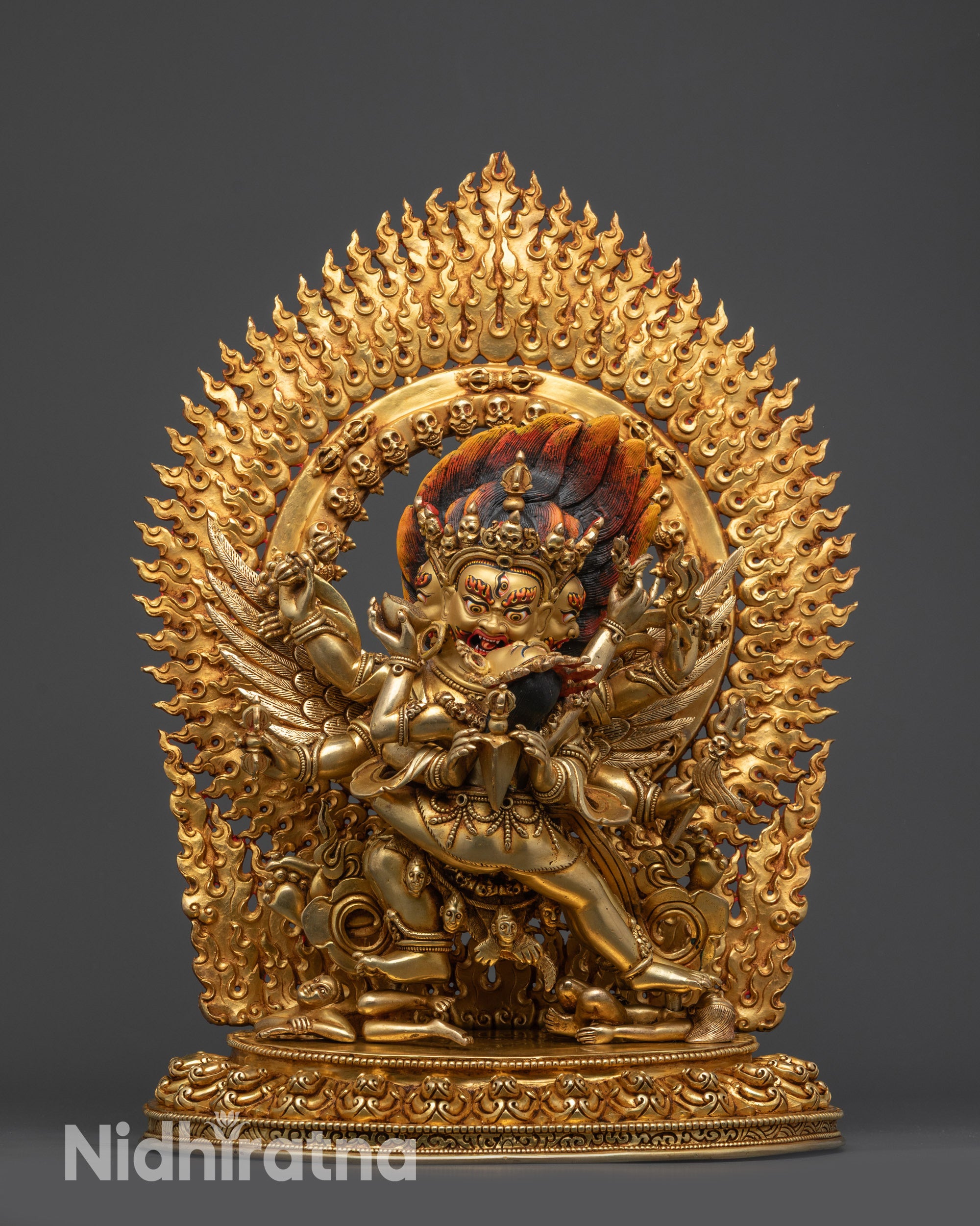 Front view Vajrakilaya Buddhist statue with Yamantaka on lotus and gold fire-gilded base