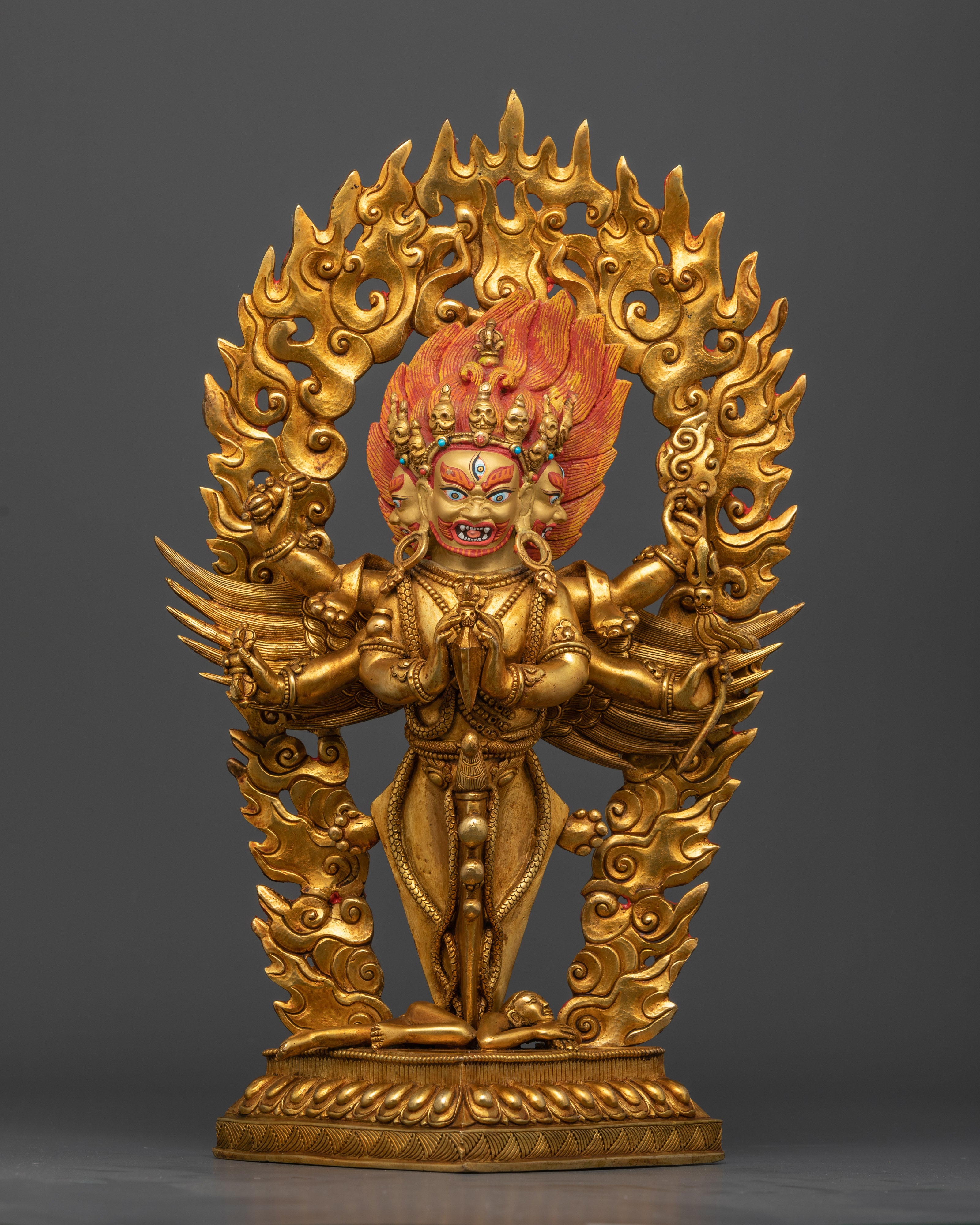 Front view Vajrakilaya statue gold-gilded copper Nepalese wrathful deity three faces